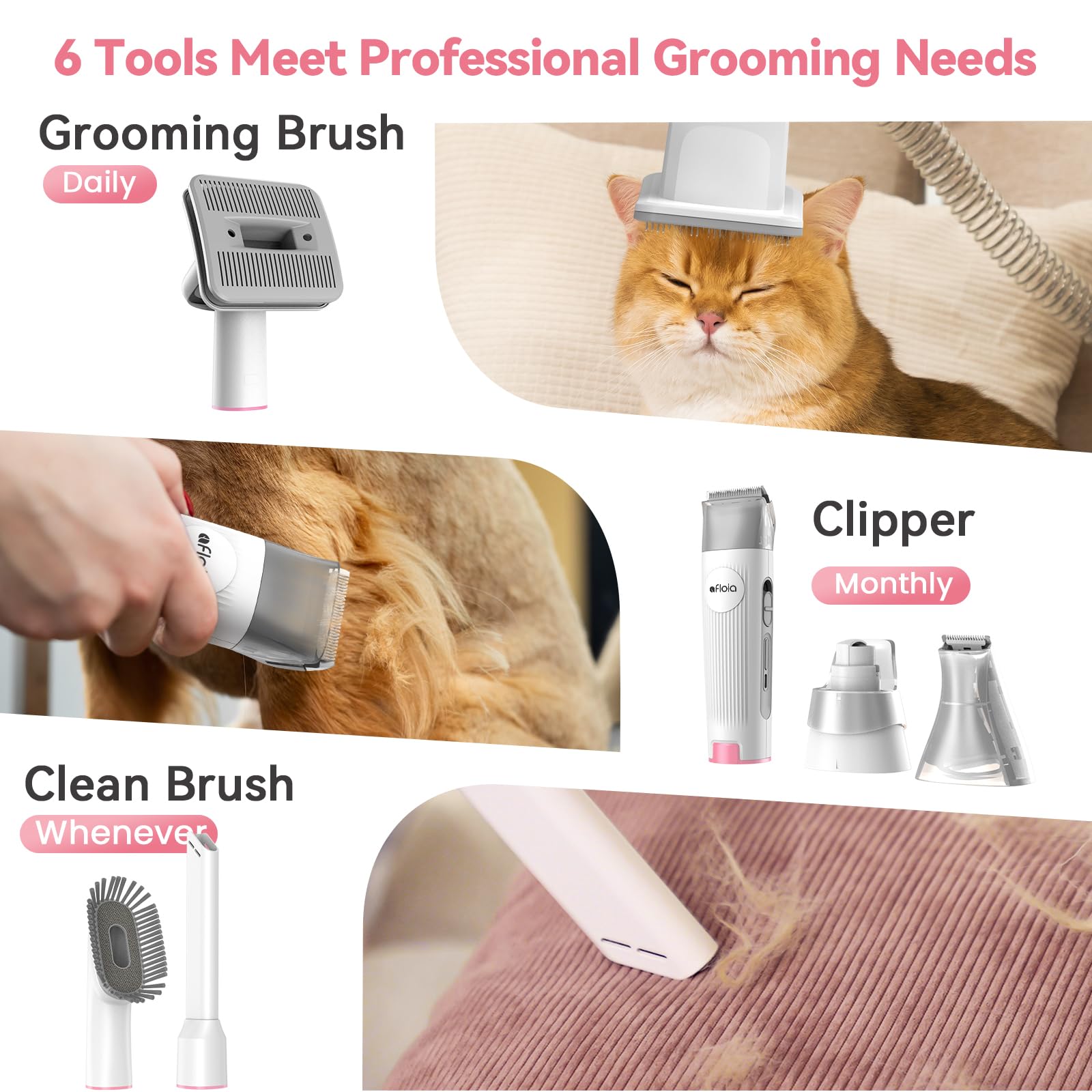 6-in-1 Dog Grooming Kit, Pet Grooming Vacuum for Shedding, Dog Hair Vacuum with Clipper Nail Trimmer Grinder, Pet Brush Groomer at Home, Low Noise Cats Hair Remover, 1.5L Dust Cup, White