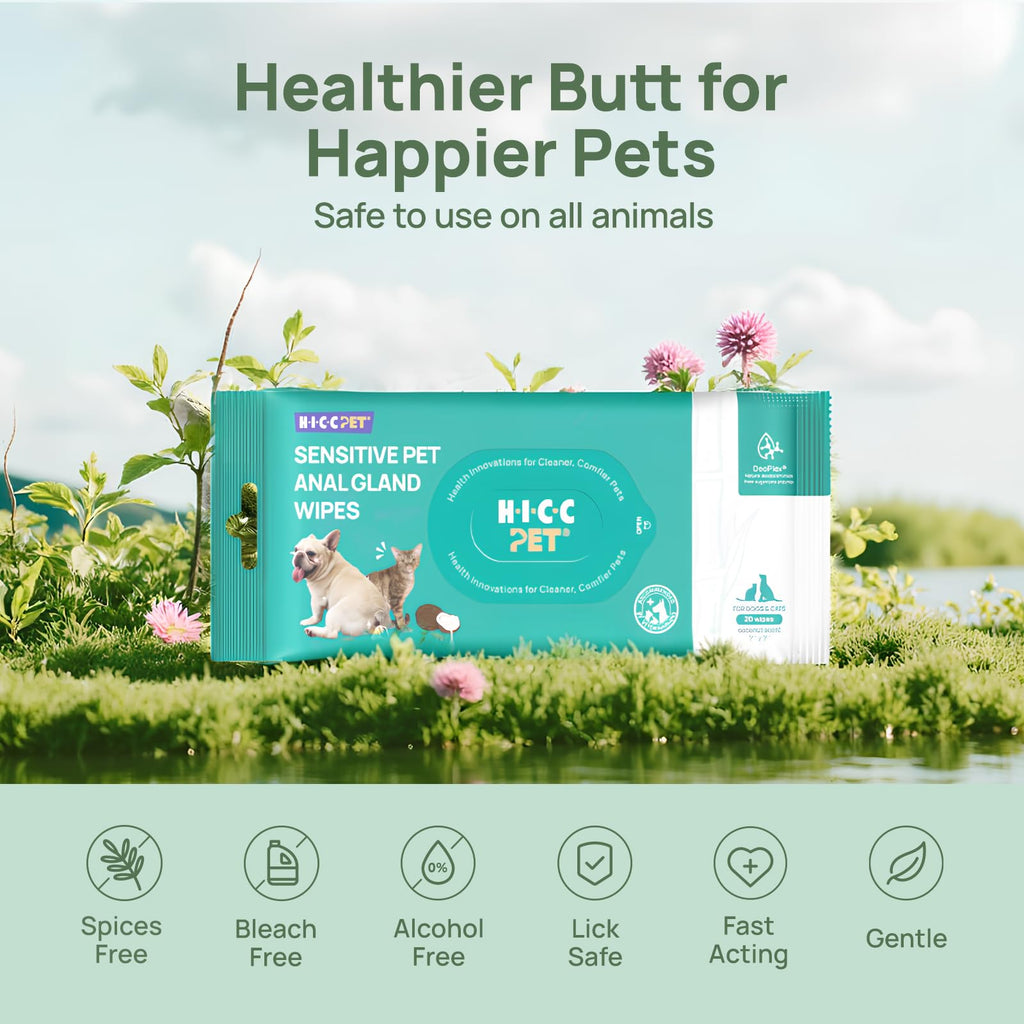 HICC PET Wipes for Dogs & Cats, Cleansing Deodorizing & Soothing Allergy Infections Anal Gland Pets Wipes with Coconut Oil - Dog Grooming Wipes for Butt and Paw - Hypoallergenic & Vet Recommended