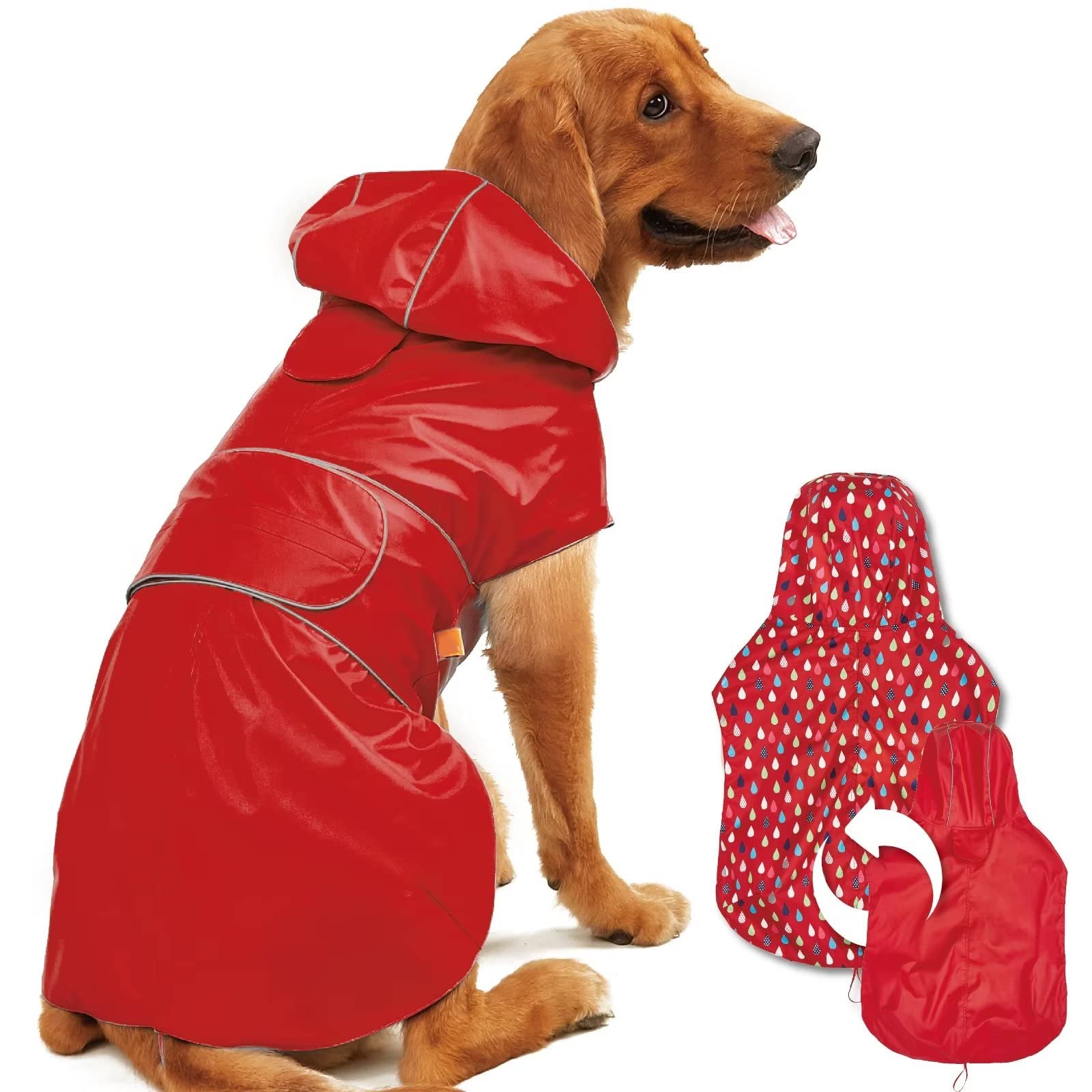 Dog Raincoat Reversible, Single Side Slicker Poncho Adjustable Waterproof Dog Rain Jacket with Leash Hole/Reflective Stripe Hooded Snowproof Windproof Clothes.