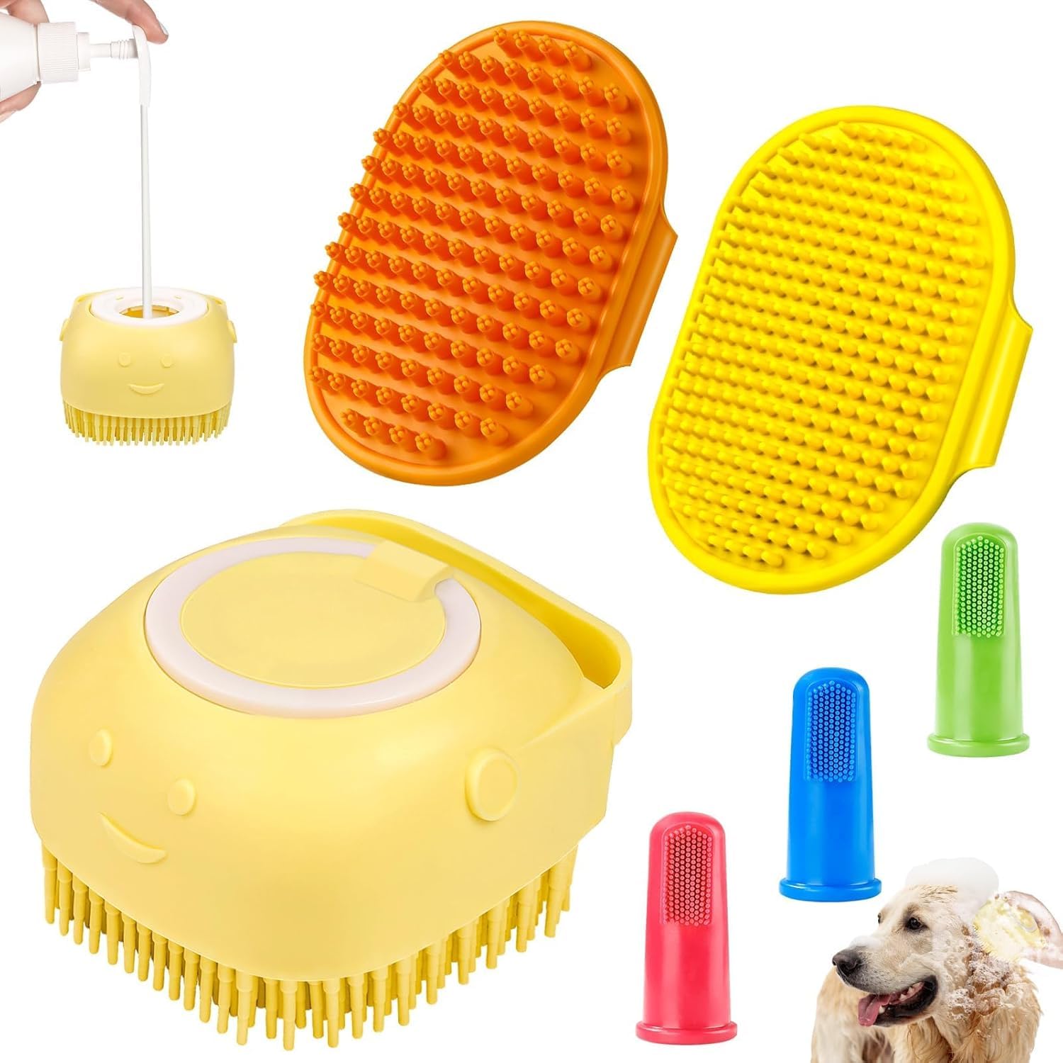 6PCS Dog Bath Brush & Dog Toothbrush | Adjustable Handle Shampoo Brush & Scrubber for Short & Long Haired Dogs & Cats | Effectively Solve Odor & Stain Removal Problems (Blue Blue Blue.)