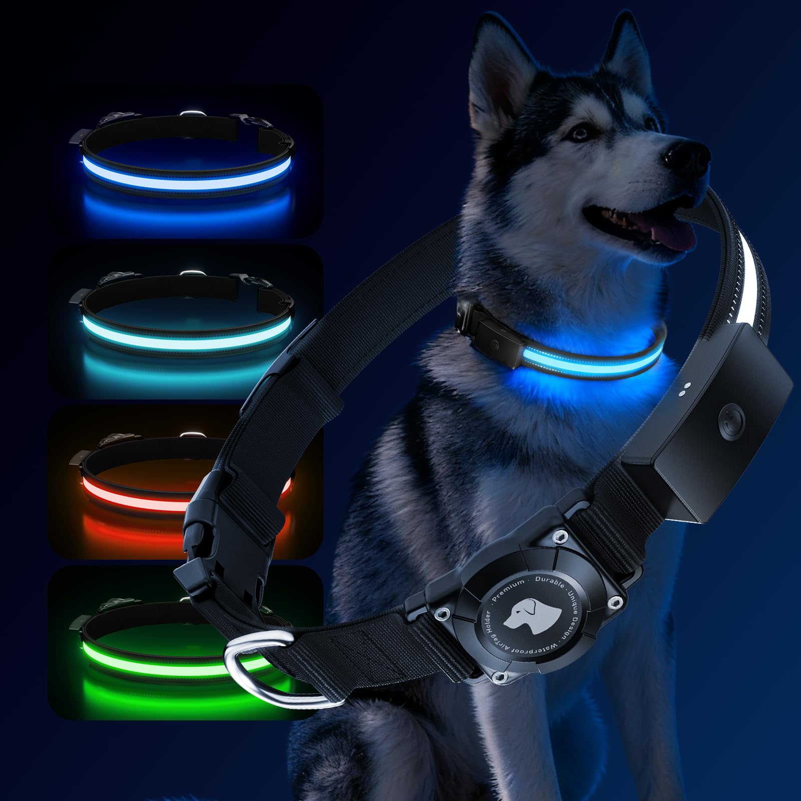LED AirTag Dog Collar - Brightest Light Up Dog Collars - IP68 Waterproof Air Tag Dog Collar Holder - 1,600 Feet of High Visibility - Magnetic Charging - Dog Lights for Night Walking (Air Tag NOT Included)