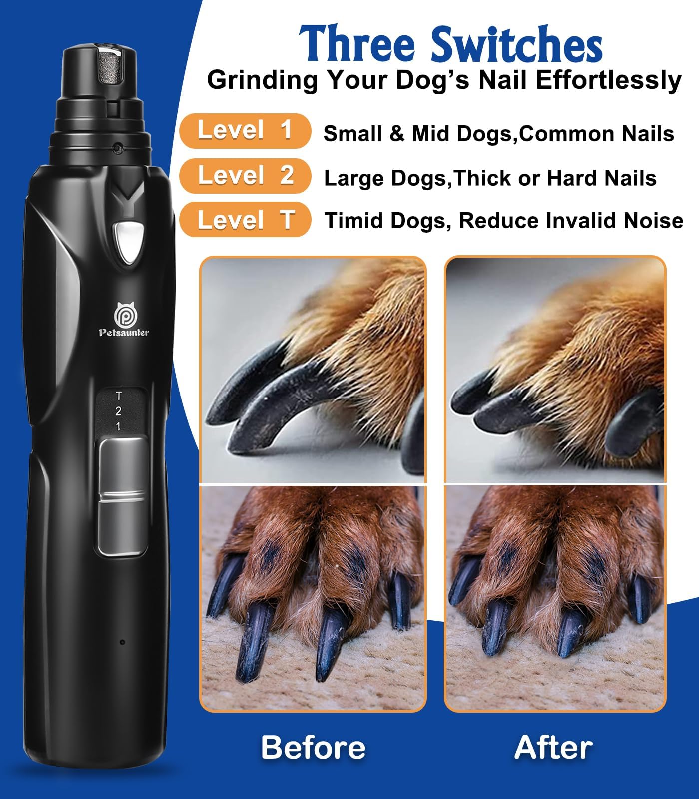 Dog Nail Grinder, 2-Speed and LED Light, Touch-Switch, TypeC, Quiet and Low-Vibration Dog Nail Trimmers, and 3 Ports for Large Dogs, Medium, Small Dogs Cats Pets with Hard or Thick Nail
