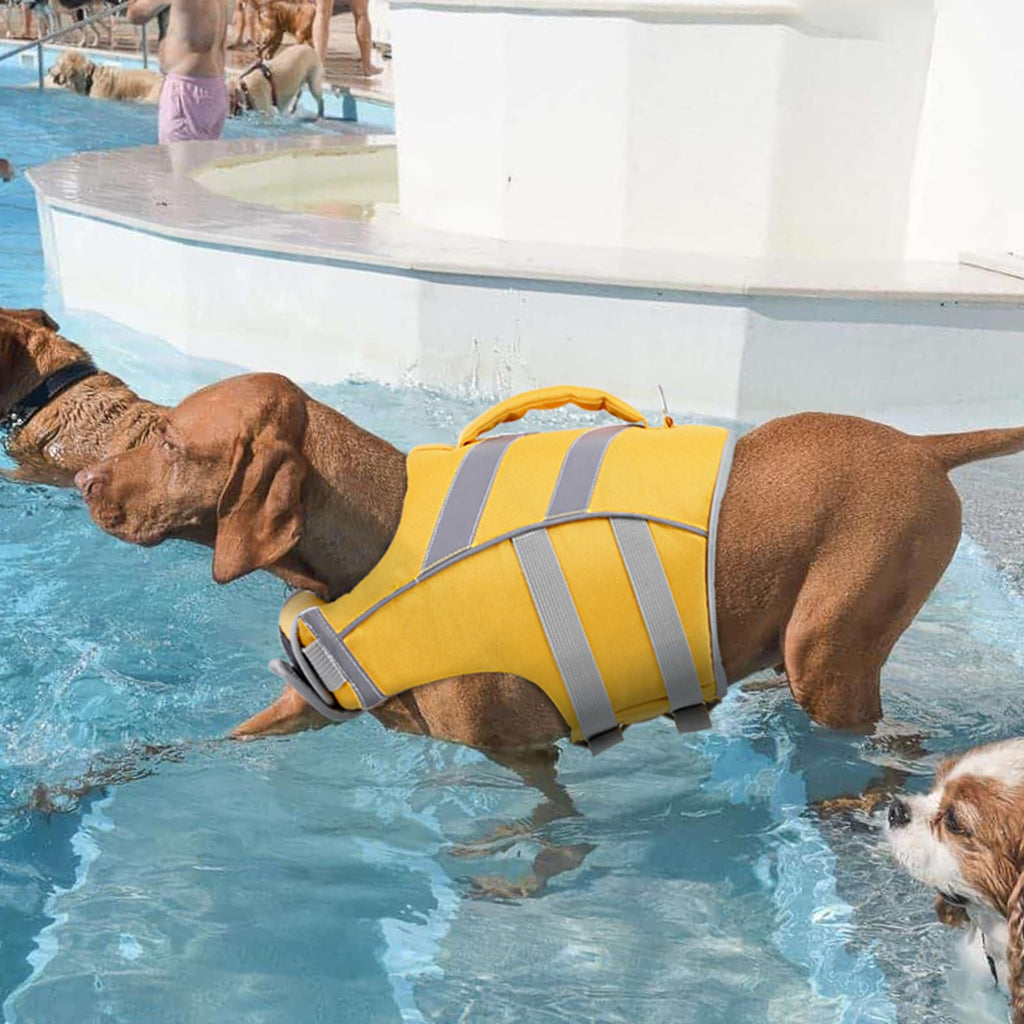 Dog Life Jacket with Reflective Stripes - Adjustable High Visibility Vest, Ripstop Lifesaver, Pet Preserver with High Flotation Swimsuit