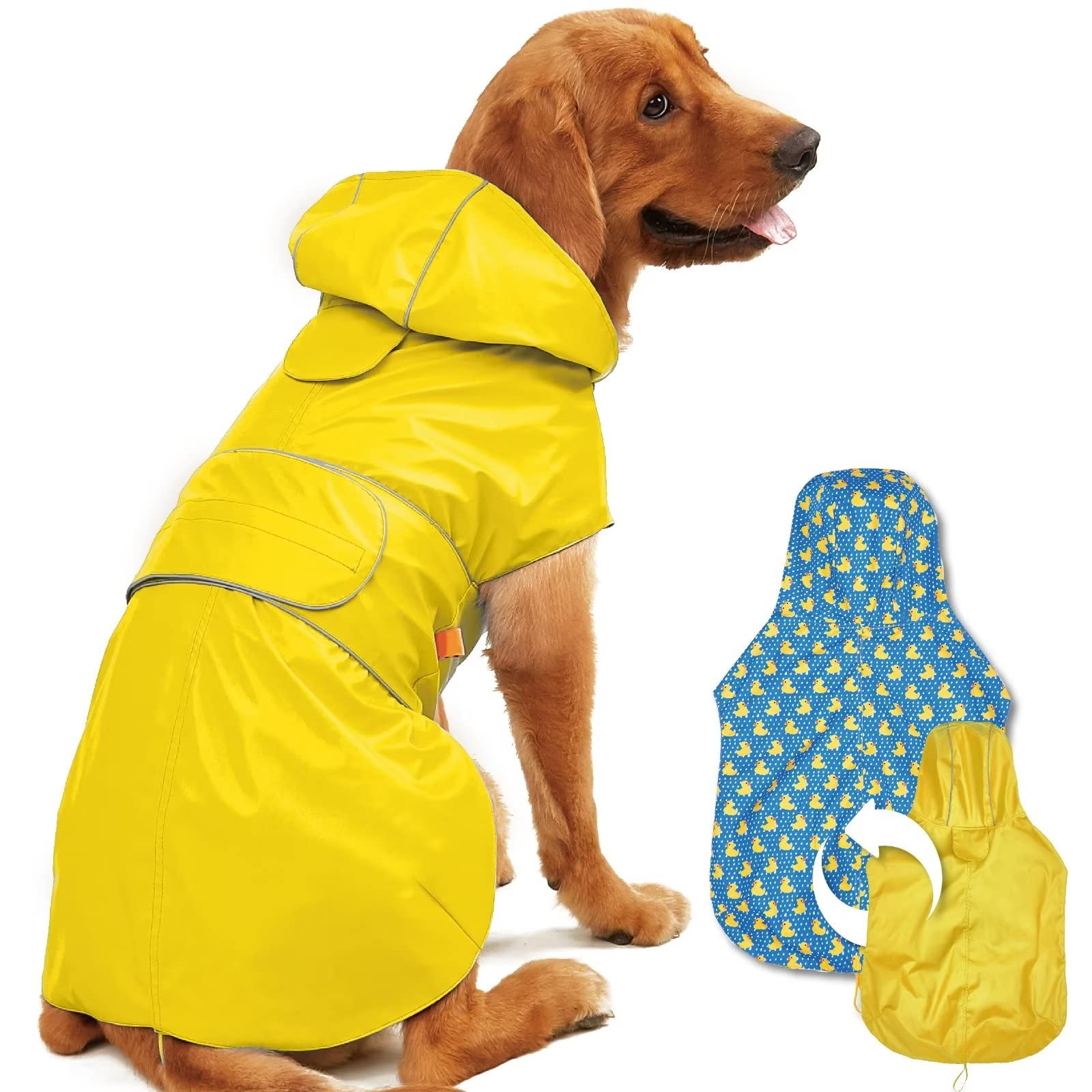 Dog Raincoat Reversible, Single Side Slicker Poncho Adjustable Waterproof Dog Rain Jacket with Leash Hole/Reflective Stripe Hooded Snowproof Windproof Clothes.