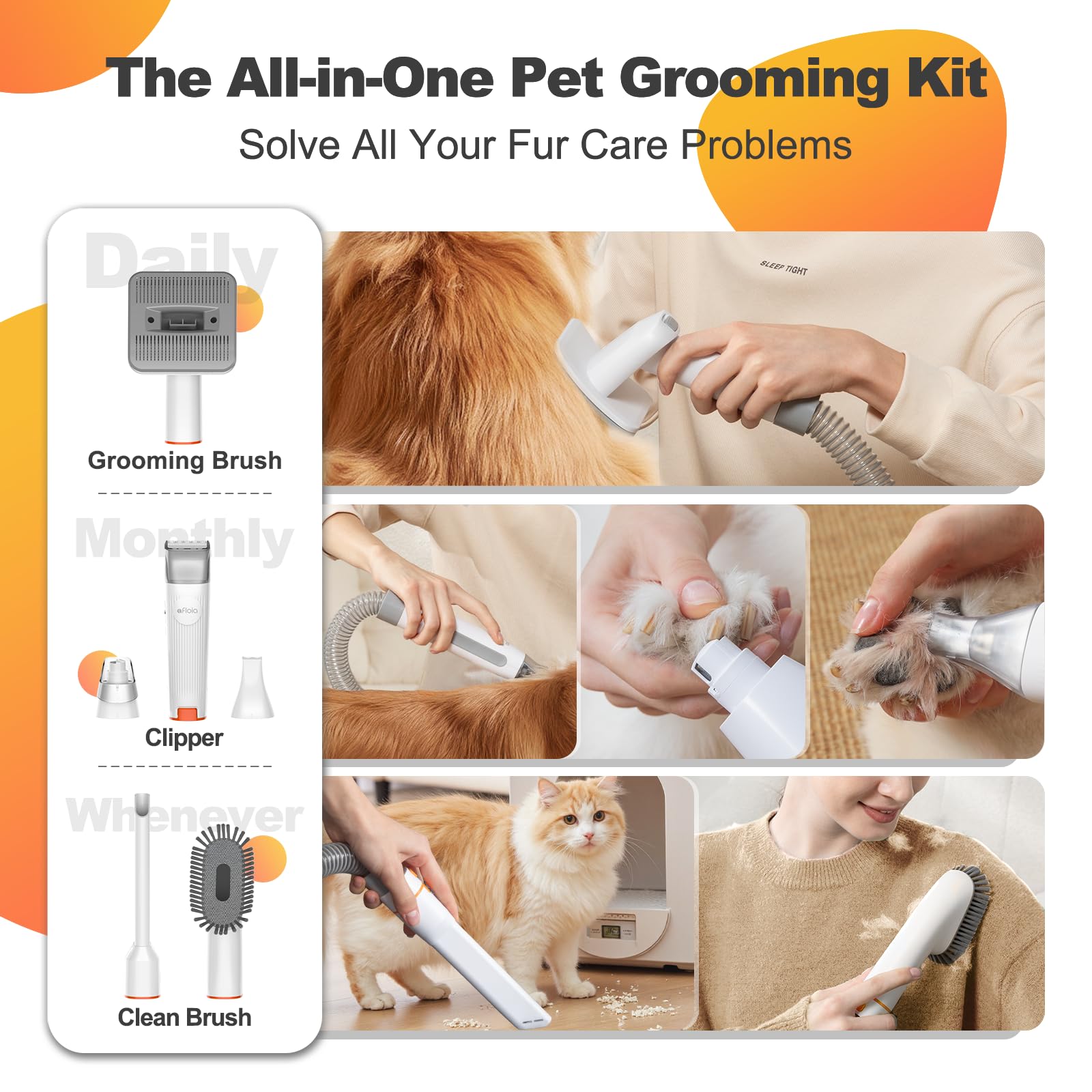 6-in-1 Dog Grooming Kit, Pet Grooming Vacuum for Shedding, Dog Hair Vacuum with Clipper Nail Trimmer Grinder, Pet Brush Groomer at Home, Low Noise Cats Hair Remover, 1.5L Dust Cup, White