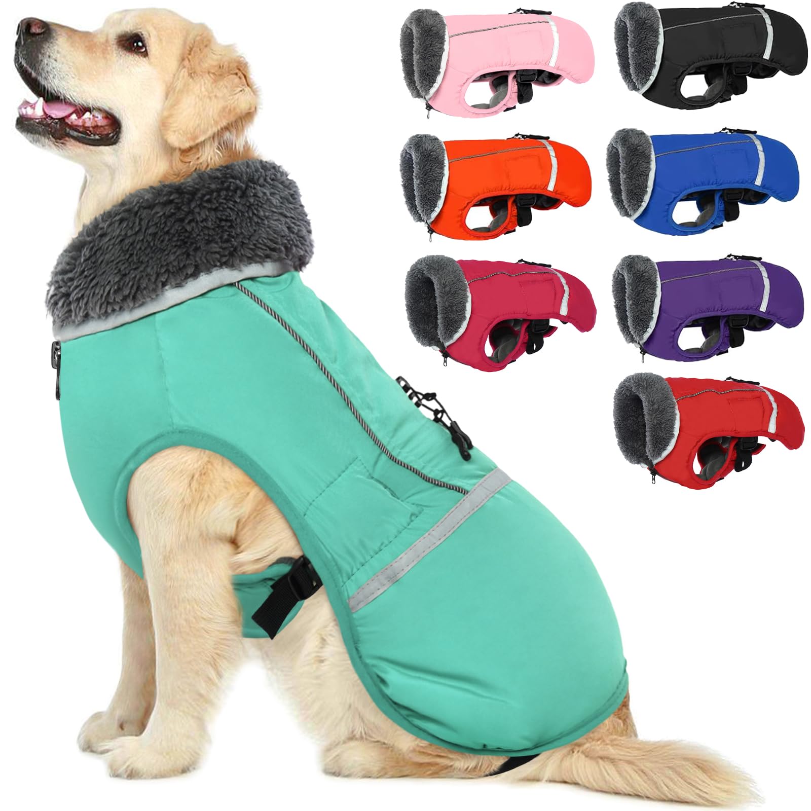 Premium Warm Dog Coat Reflective Dog Jacket, Waterproof Dog Winter Coat Turtleneck Dog Clothes for Cold Weather, Thick Fleece Dog Snowsuit Christmas Dog Vest Pet Apparel for Small Medium Large Dogs