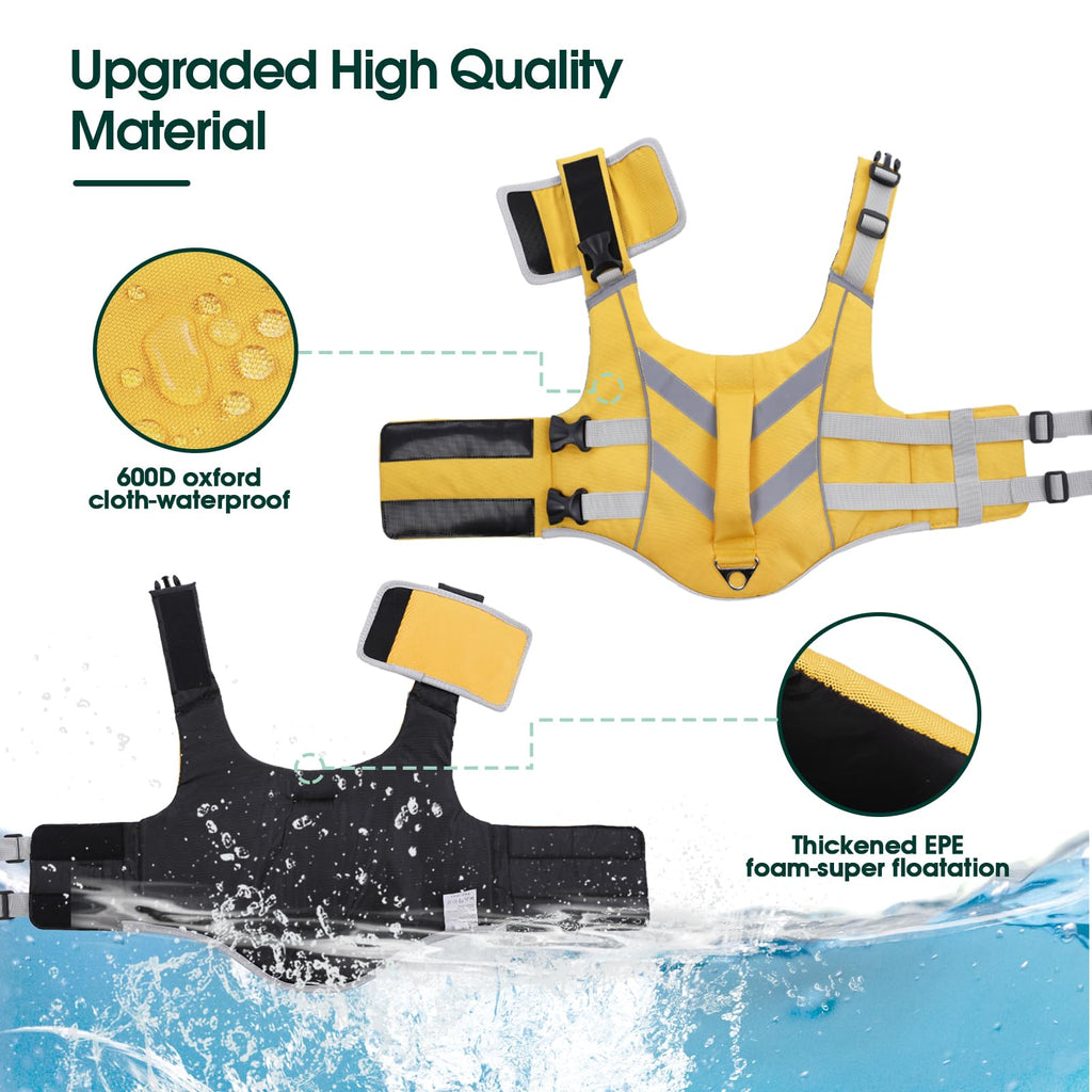 Dog Life Jacket with Reflective Stripes - Adjustable High Visibility Vest, Ripstop Lifesaver, Pet Preserver with High Flotation Swimsuit