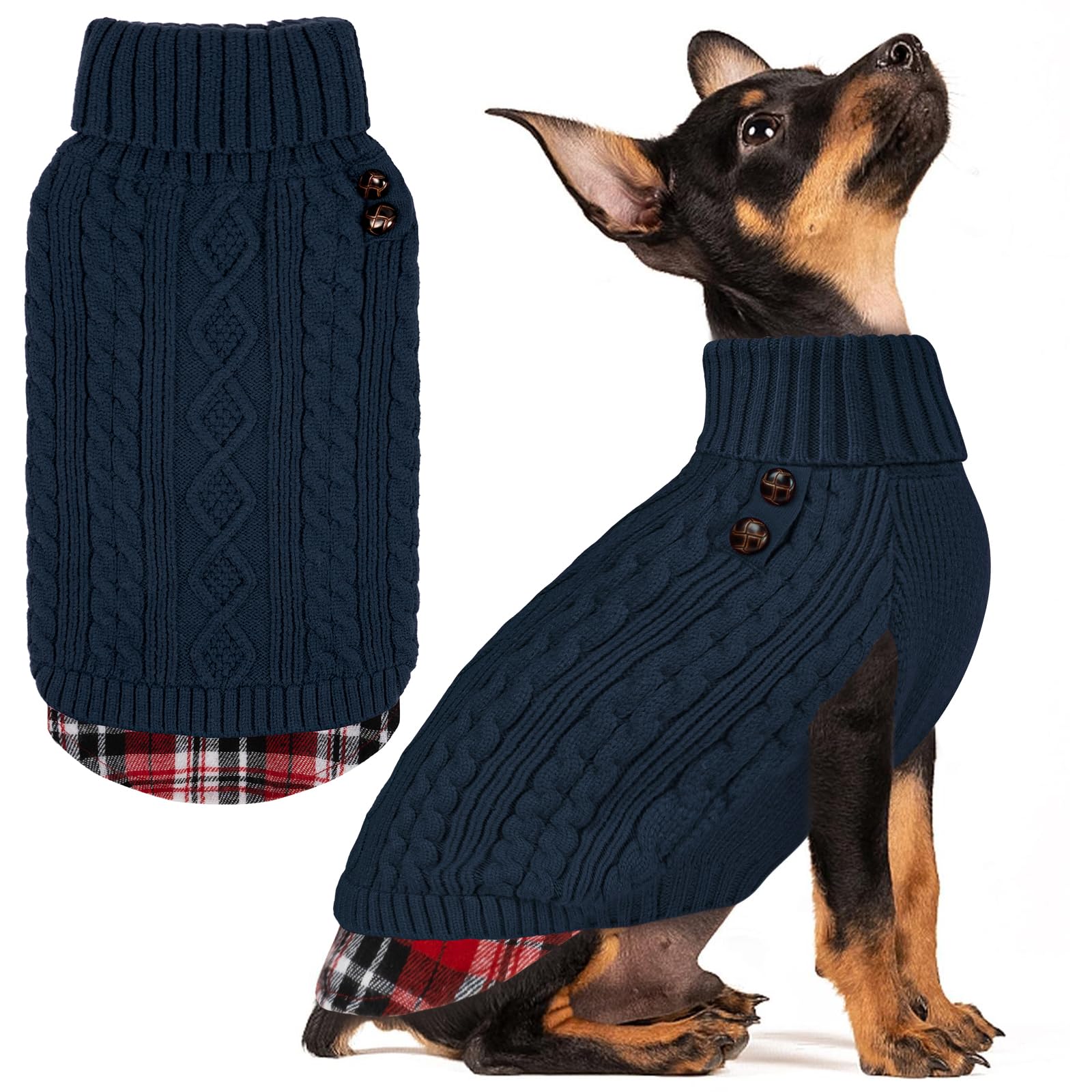 Premium Dog Sweater Soft Pullover Dog Sweaters for Small Dogs Male Stretchy Knitwear Cat Clothes Warm Turtleneck Small Dogs Sweater with Gingham Patchwork Comfy Pet Coat for Fall Winter Cold Weather