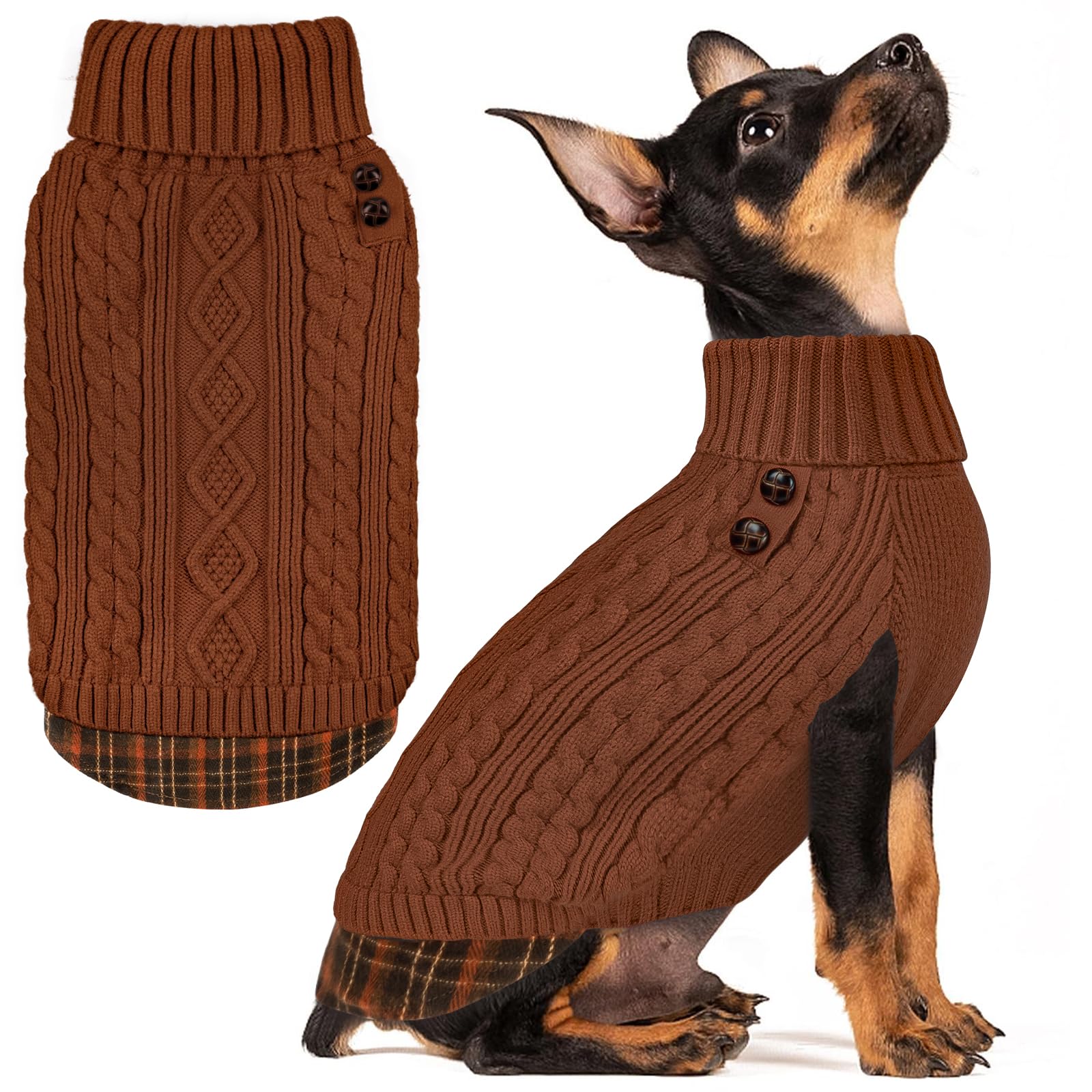 Premium Dog Sweater Soft Pullover Dog Sweaters for Small Dogs Male Stretchy Knitwear Cat Clothes Warm Turtleneck Small Dogs Sweater with Gingham Patchwork Comfy Pet Coat for Fall Winter Cold Weather