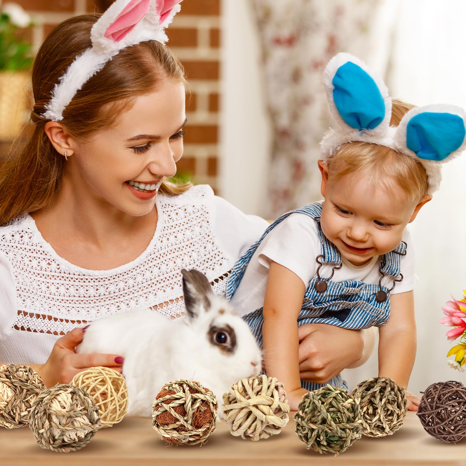 Bunny Chew Grass Balls, (8 Pcs) Rolling Chew Toys for Small Animals, Natural Chew Grass Toys and Bunny Treats for Rabbits, Guinea Pigs, Chinchillas, Hamsters, Mice Teeth Grinding