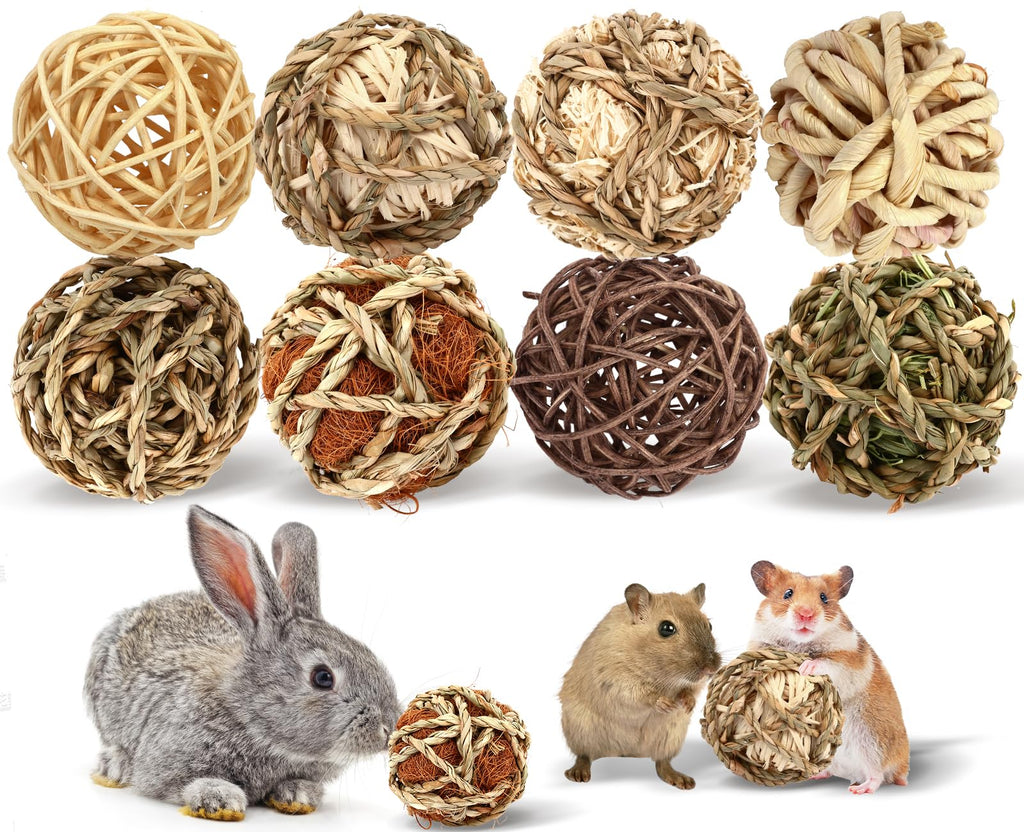 Bunny Chew Grass Balls, (8 Pcs) Rolling Chew Toys for Small Animals, Natural Chew Grass Toys and Bunny Treats for Rabbits, Guinea Pigs, Chinchillas, Hamsters, Mice Teeth Grinding