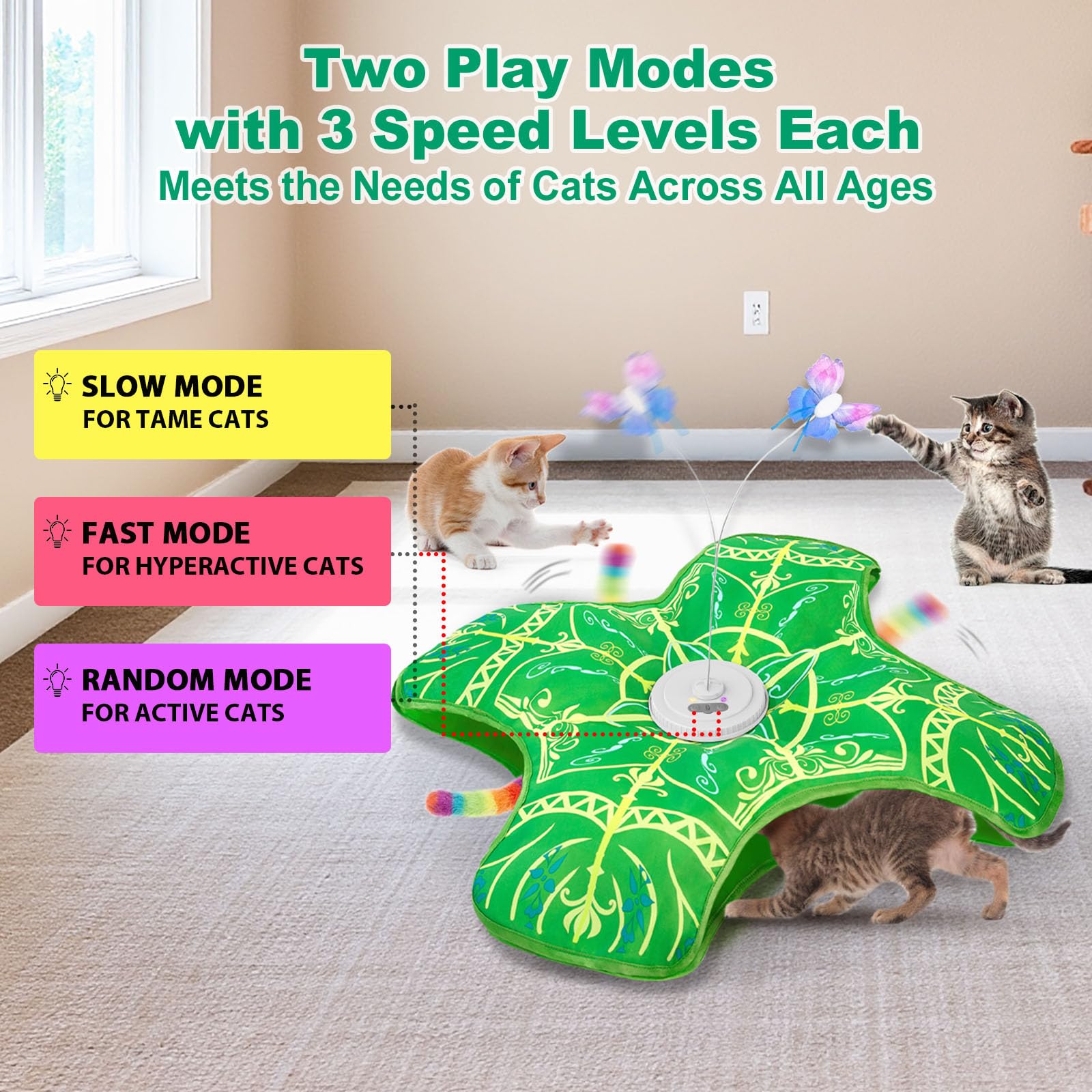 Interactive Cat Toys for Indoor Cats,[Newly Upgraded] Long Battery Life Rechargeable Touch Activated Hide and Seek Kitten Toys for Bored Indoor Adult Cats with Fluttering