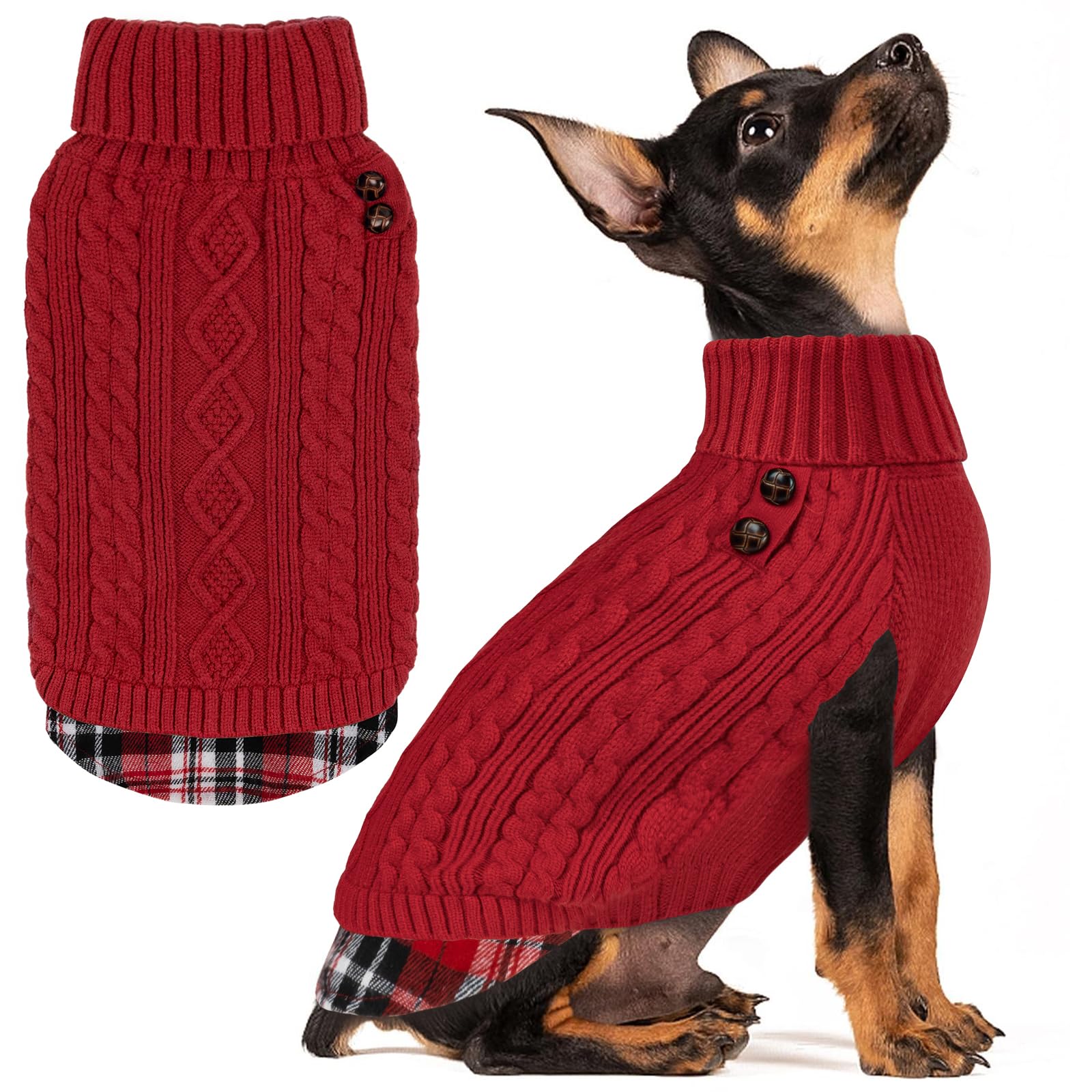 Premium Dog Sweater Soft Pullover Dog Sweaters for Small Dogs Male Stretchy Knitwear Cat Clothes Warm Turtleneck Small Dogs Sweater with Gingham Patchwork Comfy Pet Coat for Fall Winter Cold Weather