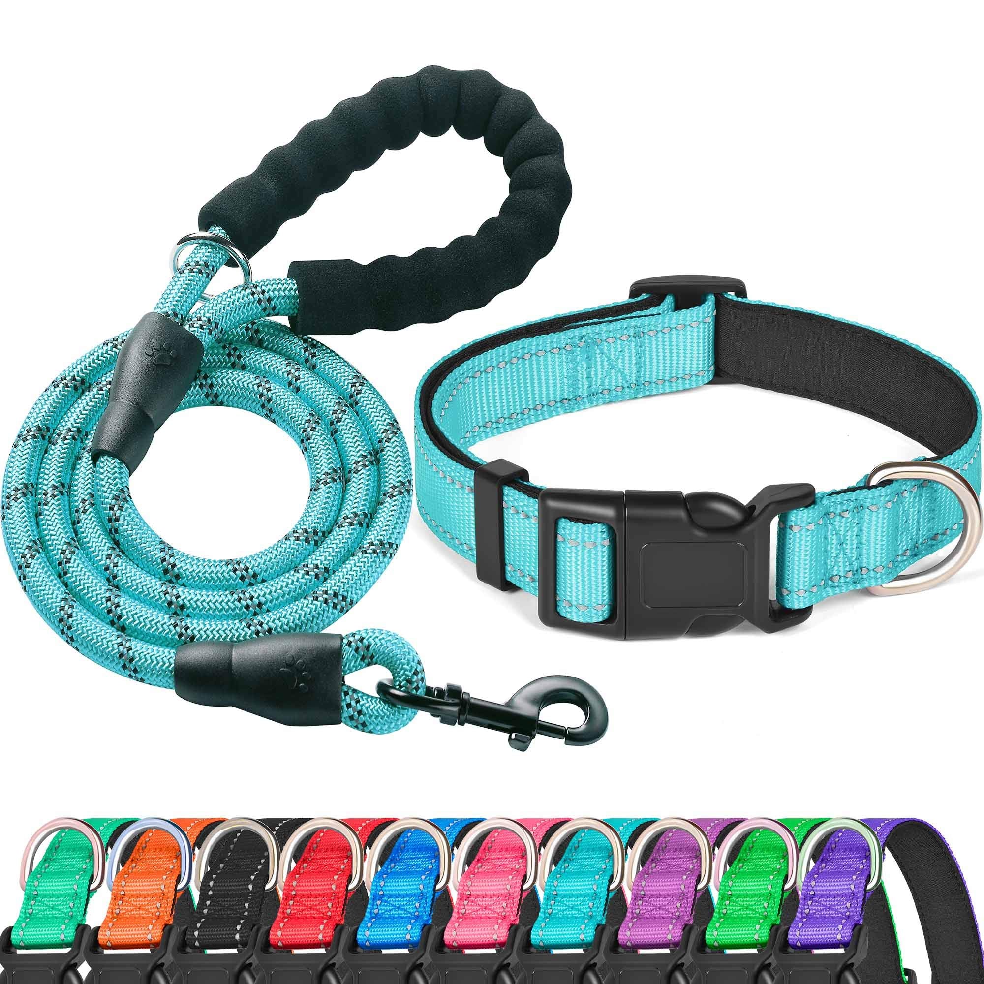 Reflective Dog Collar Padded with Soft Neoprene Breathable Adjustable Nylon Dog Collars for Small Medium Large Dogs (Medium (Pack of 1), Vivid Blue Collar+Leash)