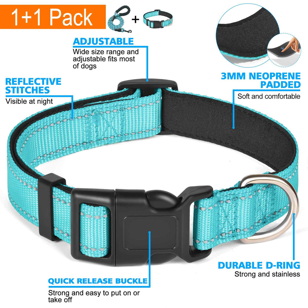 Reflective Dog Collar Padded with Soft Neoprene Breathable Adjustable Nylon Dog Collars for Small Medium Large Dogs (Medium (Pack of 1), Vivid Blue Collar+Leash)