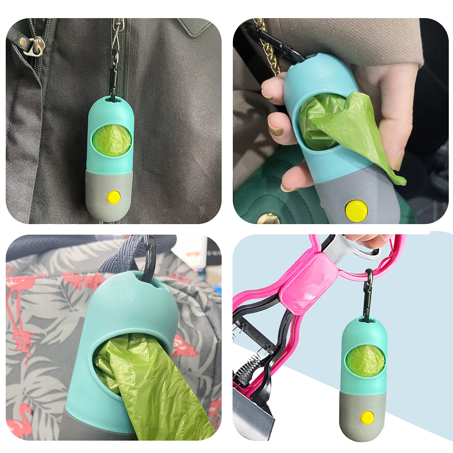 2 Pack Dog Poop Bag Dispenser with Built-in LED Flashlight, Pet Waste Bag Holder for Leash with Carabiner Clip for Lead Leash, 2 Rolls Leak-proof Doggy Waste Bags for Dog Walking, Blue,Eliamo