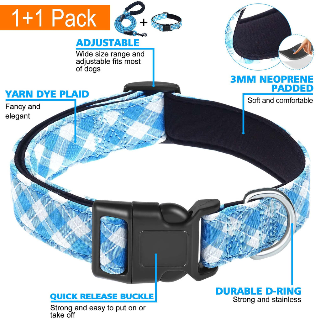 Reflective Dog Collar Padded with Soft Neoprene Breathable Adjustable Nylon Dog Collars for Small Medium Large Dogs (Medium (Pack of 1), Vivid Blue Collar+Leash)