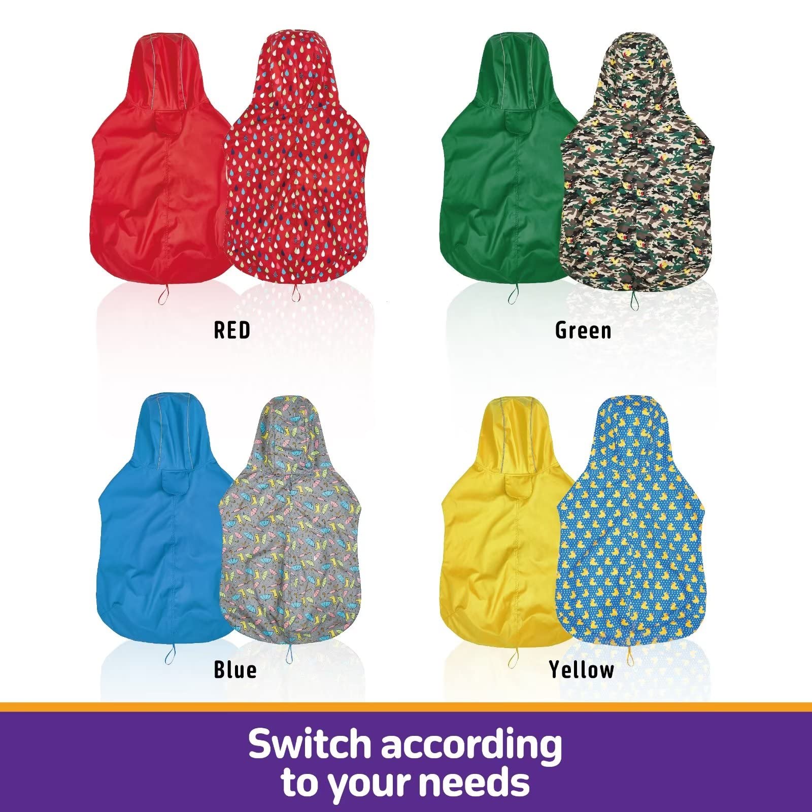 Dog Raincoat Reversible, Single Side Slicker Poncho Adjustable Waterproof Dog Rain Jacket with Leash Hole/Reflective Stripe Hooded Snowproof Windproof Clothes.