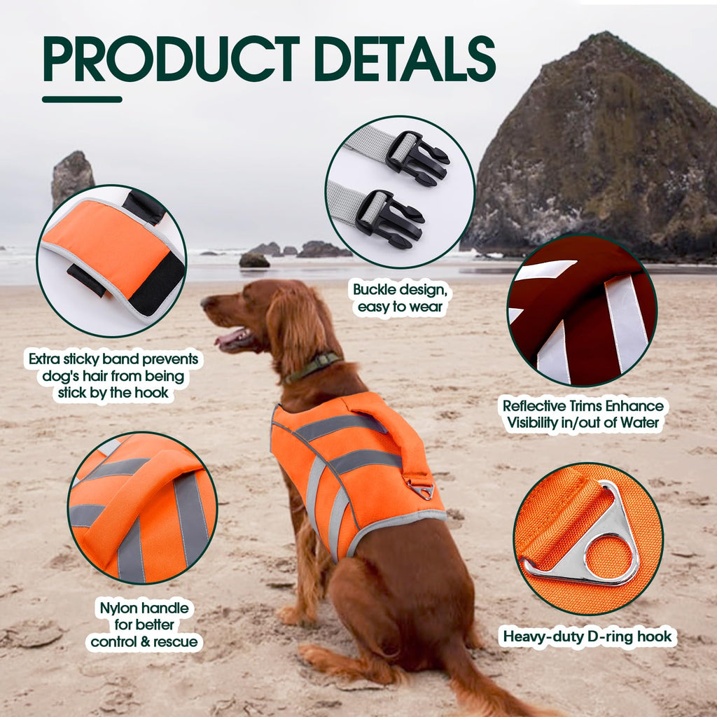 Dog Life Jacket with Reflective Stripes - Adjustable High Visibility Vest, Ripstop Lifesaver, Pet Preserver with High Flotation Swimsuit