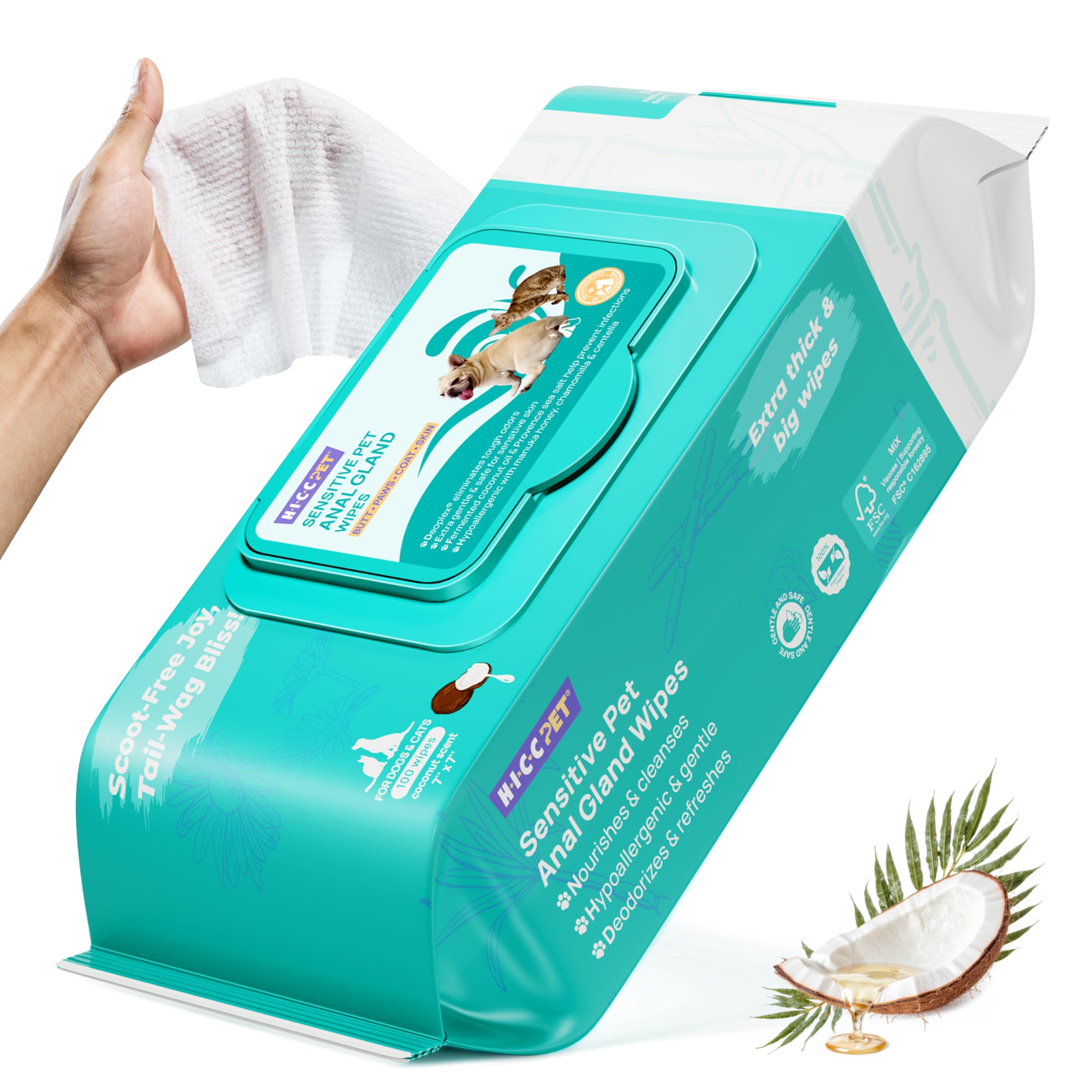 HICC PET Wipes for Dogs & Cats, Cleansing Deodorizing & Soothing Allergy Infections Anal Gland Pets Wipes with Coconut Oil - Dog Grooming Wipes for Butt and Paw - Hypoallergenic & Vet Recommended