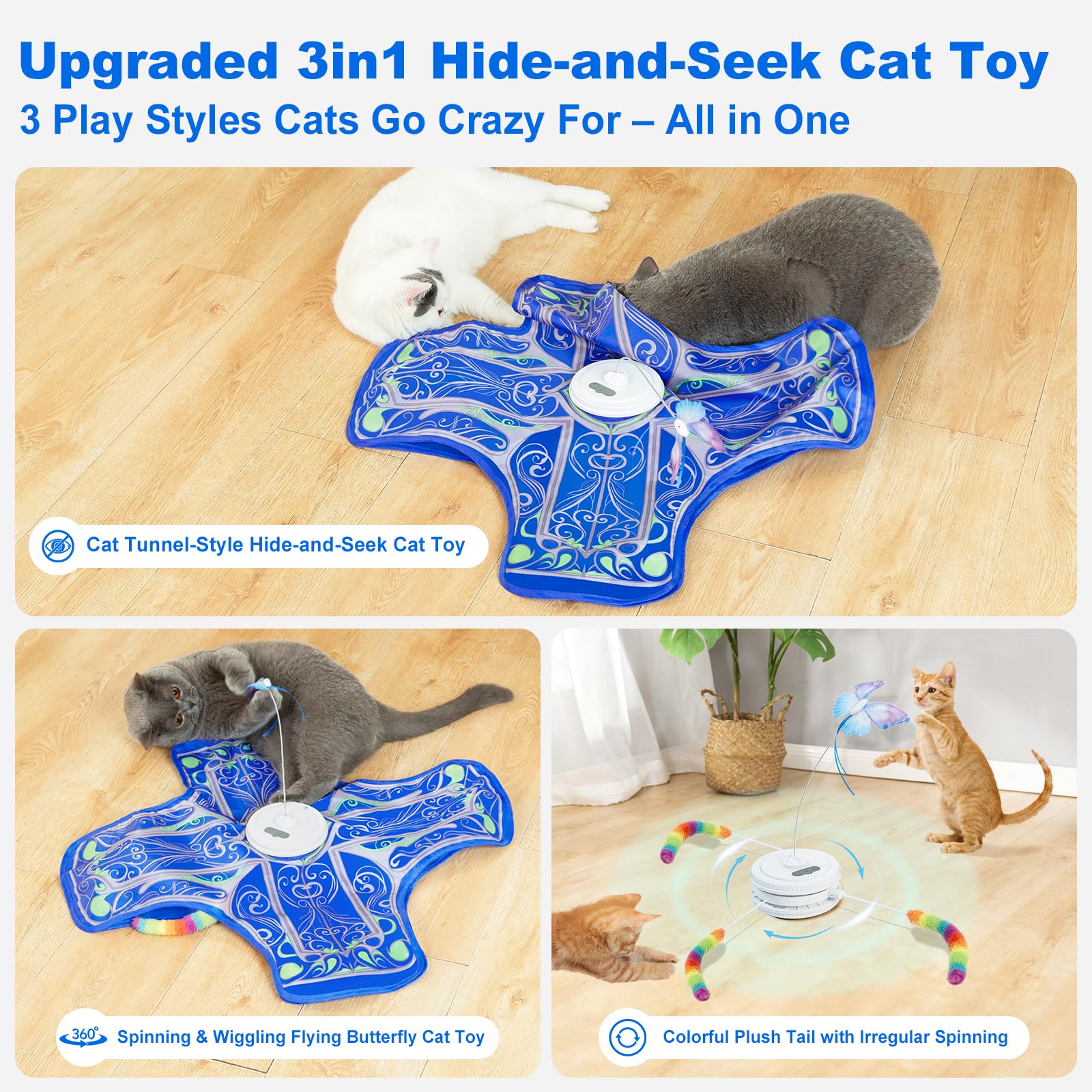 Interactive Cat Toys for Indoor Cats,[Newly Upgraded] Long Battery Life Rechargeable Touch Activated Hide and Seek Kitten Toys for Bored Indoor Adult Cats with Fluttering