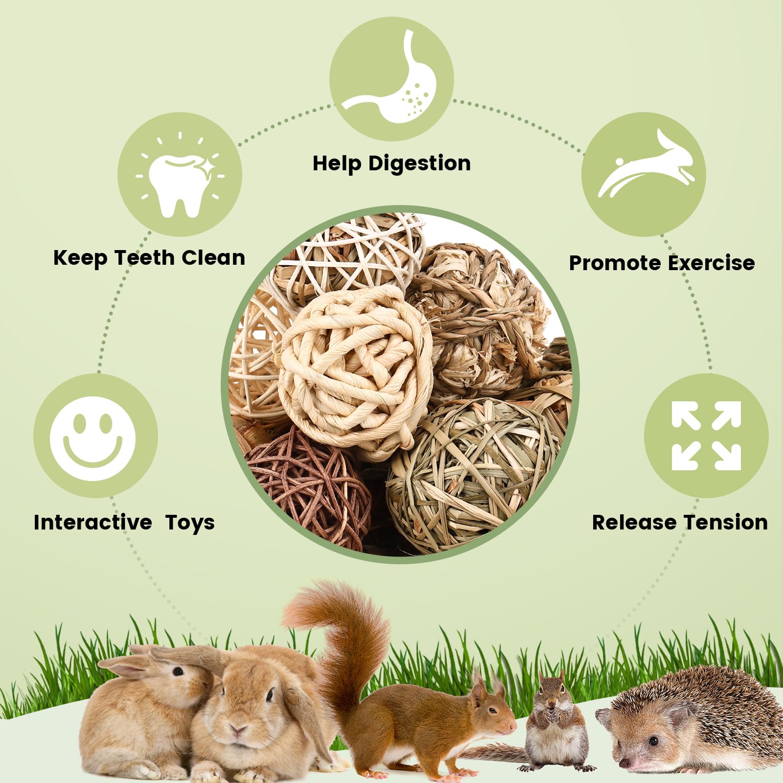 Bunny Chew Grass Balls, (8 Pcs) Rolling Chew Toys for Small Animals, Natural Chew Grass Toys and Bunny Treats for Rabbits, Guinea Pigs, Chinchillas, Hamsters, Mice Teeth Grinding