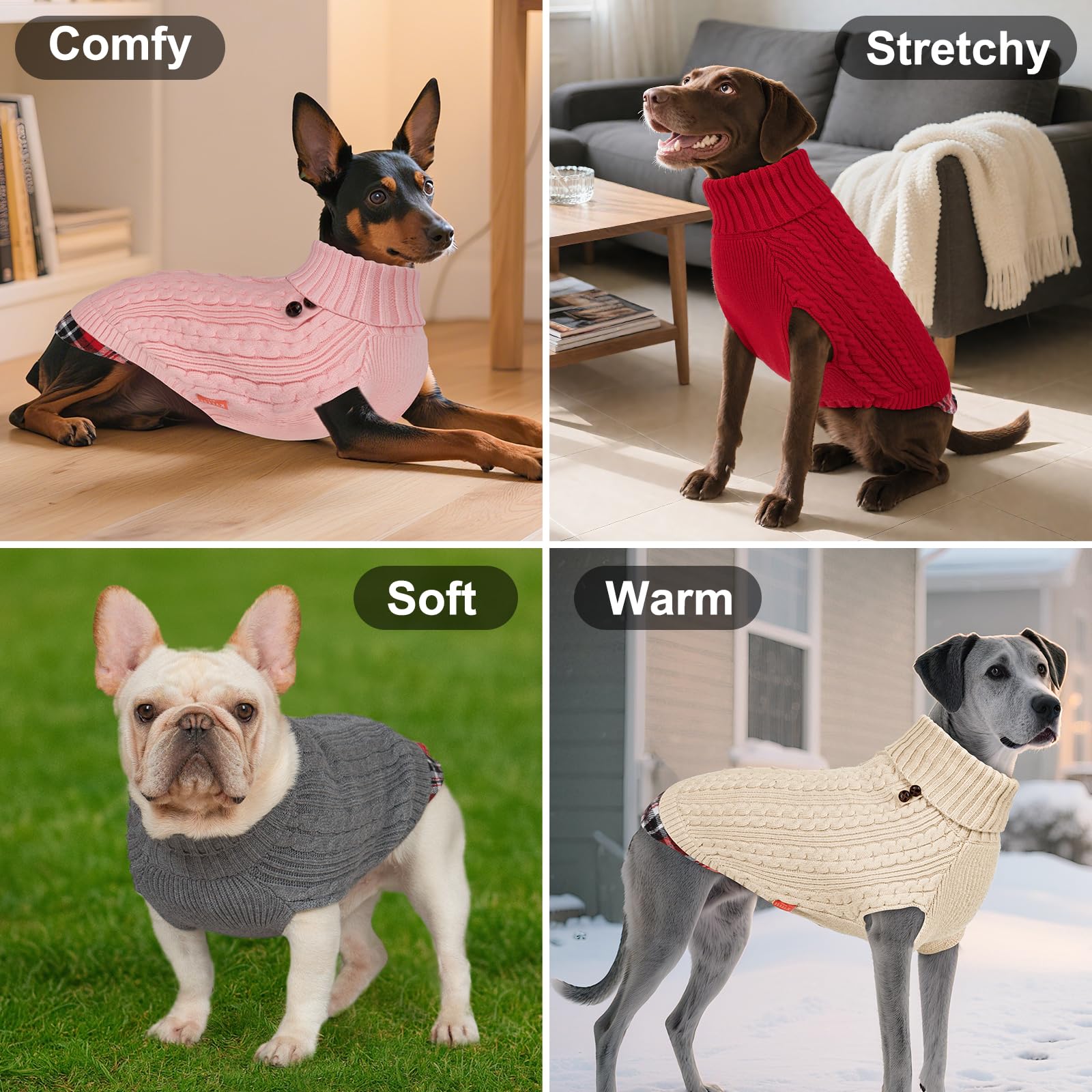Premium Dog Sweater Soft Pullover Dog Sweaters for Small Dogs Male Stretchy Knitwear Cat Clothes Warm Turtleneck Small Dogs Sweater with Gingham Patchwork Comfy Pet Coat for Fall Winter Cold Weather