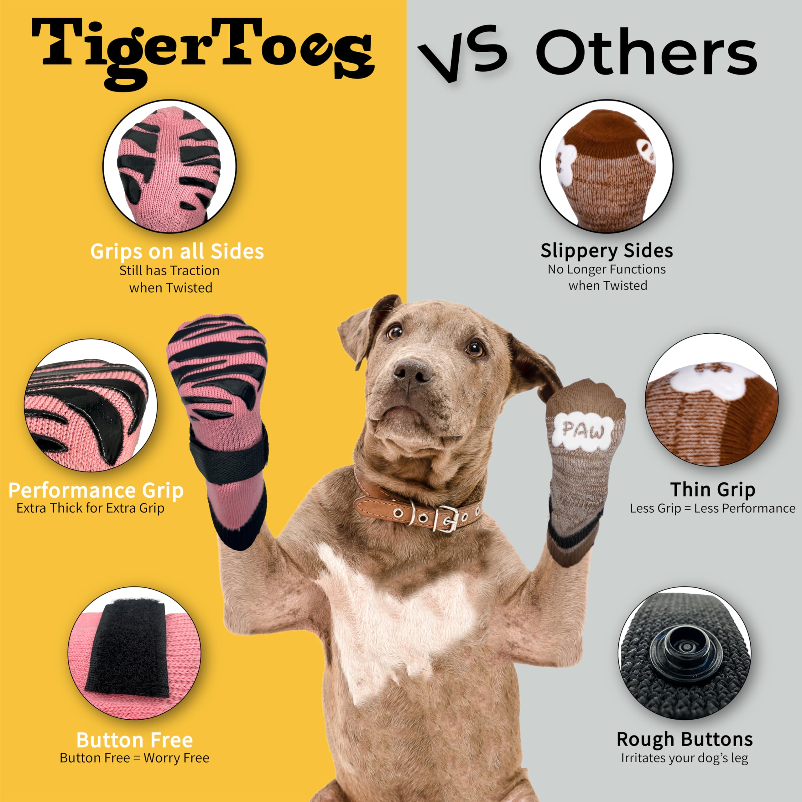 TigerToes Premium Non-Slip Dog Socks for Hardwood Floors - Extra-Thick Grip That Works Even When Twisted - Prevents Licking, Slipping, and Great for Dog Paw Protection