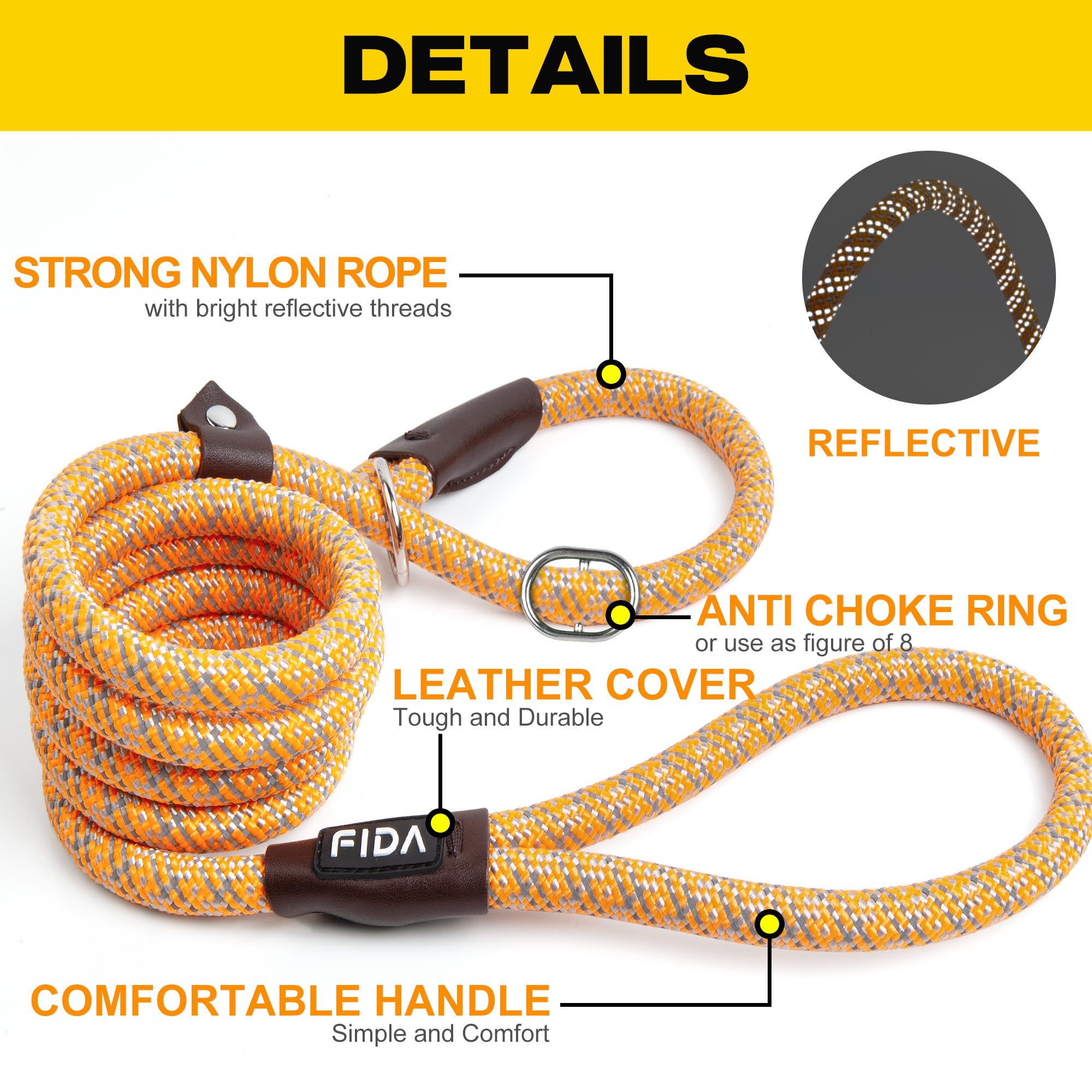 Durable Slip Lead Dog Leash, Heavy Duty Dog Loop Leashes, Comfortable Strong Rope Slip Leash for Large Medium Dogs, No Pull Pet Training Lead with Highly Reflective