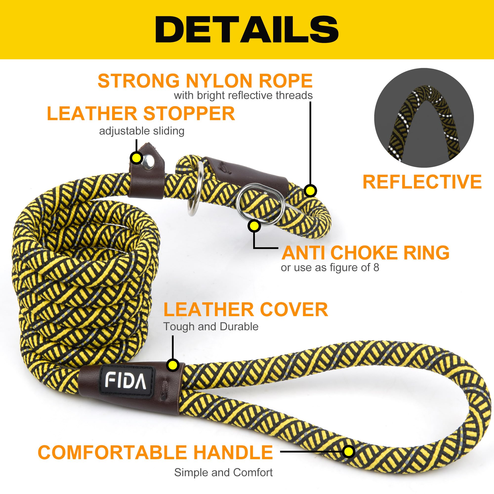 Durable Slip Lead Dog Leash, Heavy Duty Dog Loop Leashes, Comfortable Strong Rope Slip Leash for Large Medium Dogs, No Pull Pet Training Lead with Highly Reflective