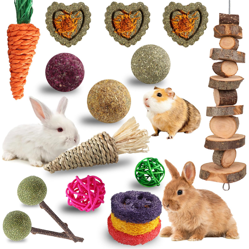 20 PCS Bunny Chew Toys for Teeth, Natural Rabbit Toys Apple Wood Grass Timothy Sticks Chew and Treat for Guinea Pigs Hamster Chinchillas