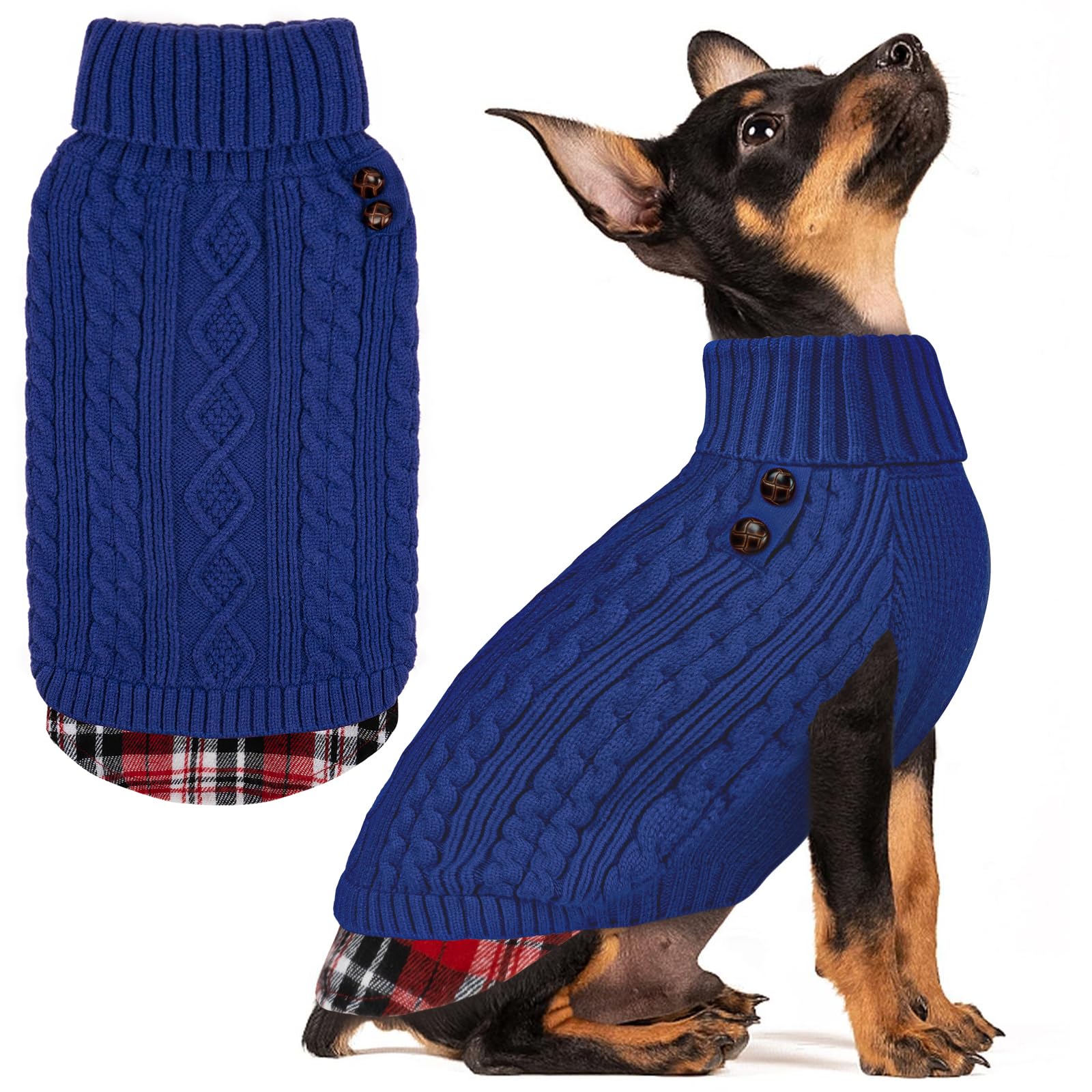 Premium Dog Sweater Soft Pullover Dog Sweaters for Small Dogs Male Stretchy Knitwear Cat Clothes Warm Turtleneck Small Dogs Sweater with Gingham Patchwork Comfy Pet Coat for Fall Winter Cold Weather