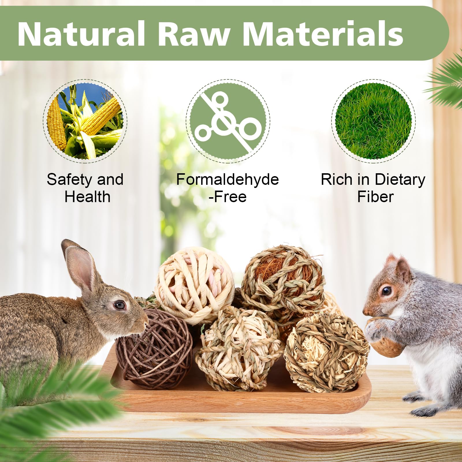 Bunny Chew Grass Balls, (8 Pcs) Rolling Chew Toys for Small Animals, Natural Chew Grass Toys and Bunny Treats for Rabbits, Guinea Pigs, Chinchillas, Hamsters, Mice Teeth Grinding