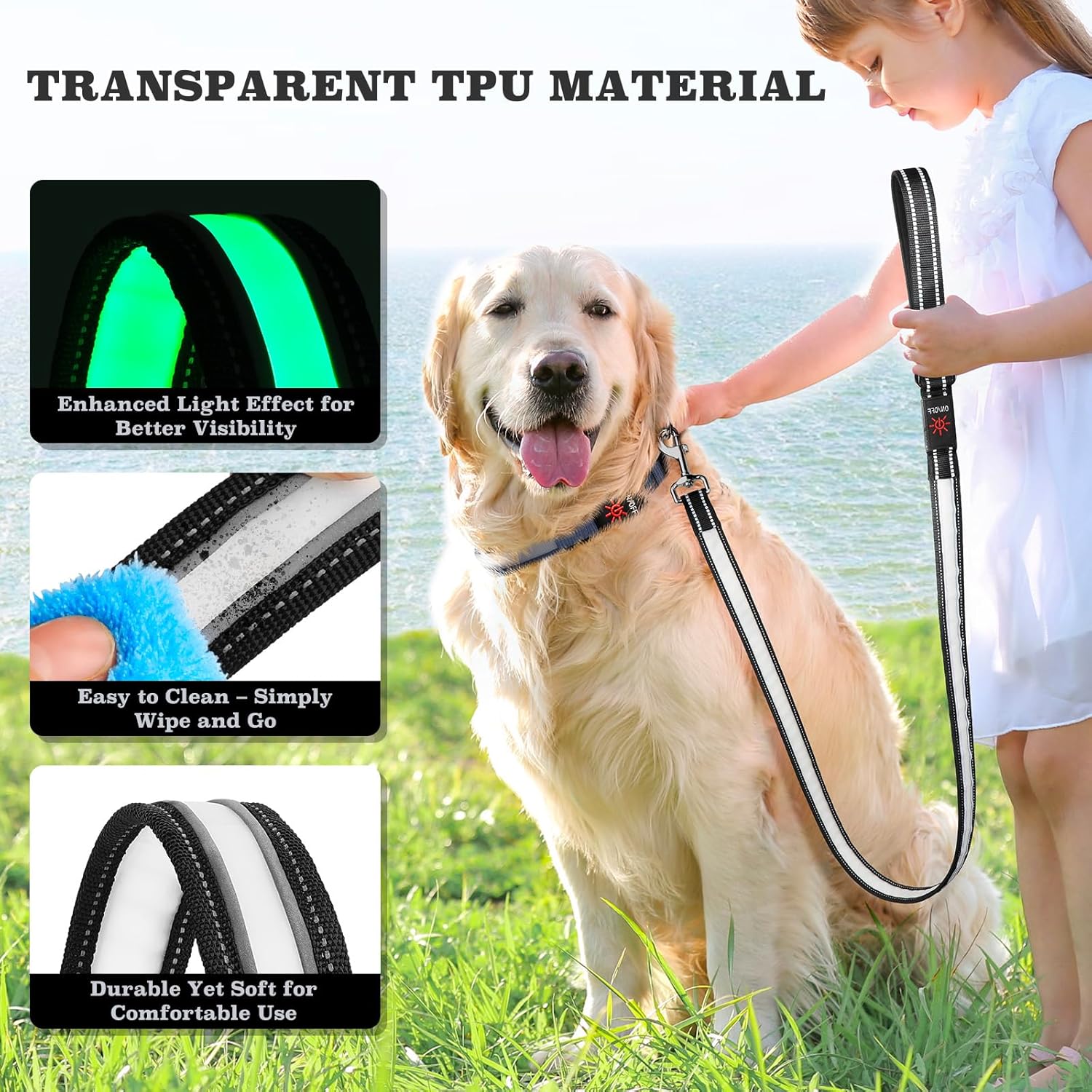 4 Ft LED Dog Leash, Light Up & Lighted Dog Leash, 7 Lighting Modes, Glow in The Dark, Reflective, Double-Sided Light, Rechargeable with Padded Handle for Night Walking Safety, Small to Large Pets