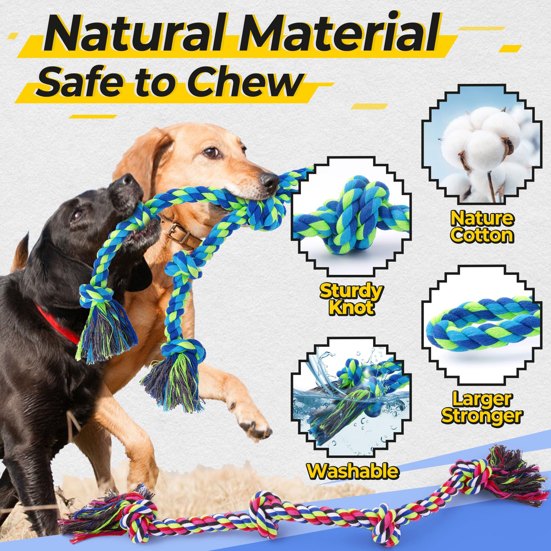 Tough Dog Rope Toys for Aggressive Chewers, Tough Tug of War Dog Toys for Large, Medium & Small Dogs – 5 Pack Including 2 Ropes & 3 Supplies