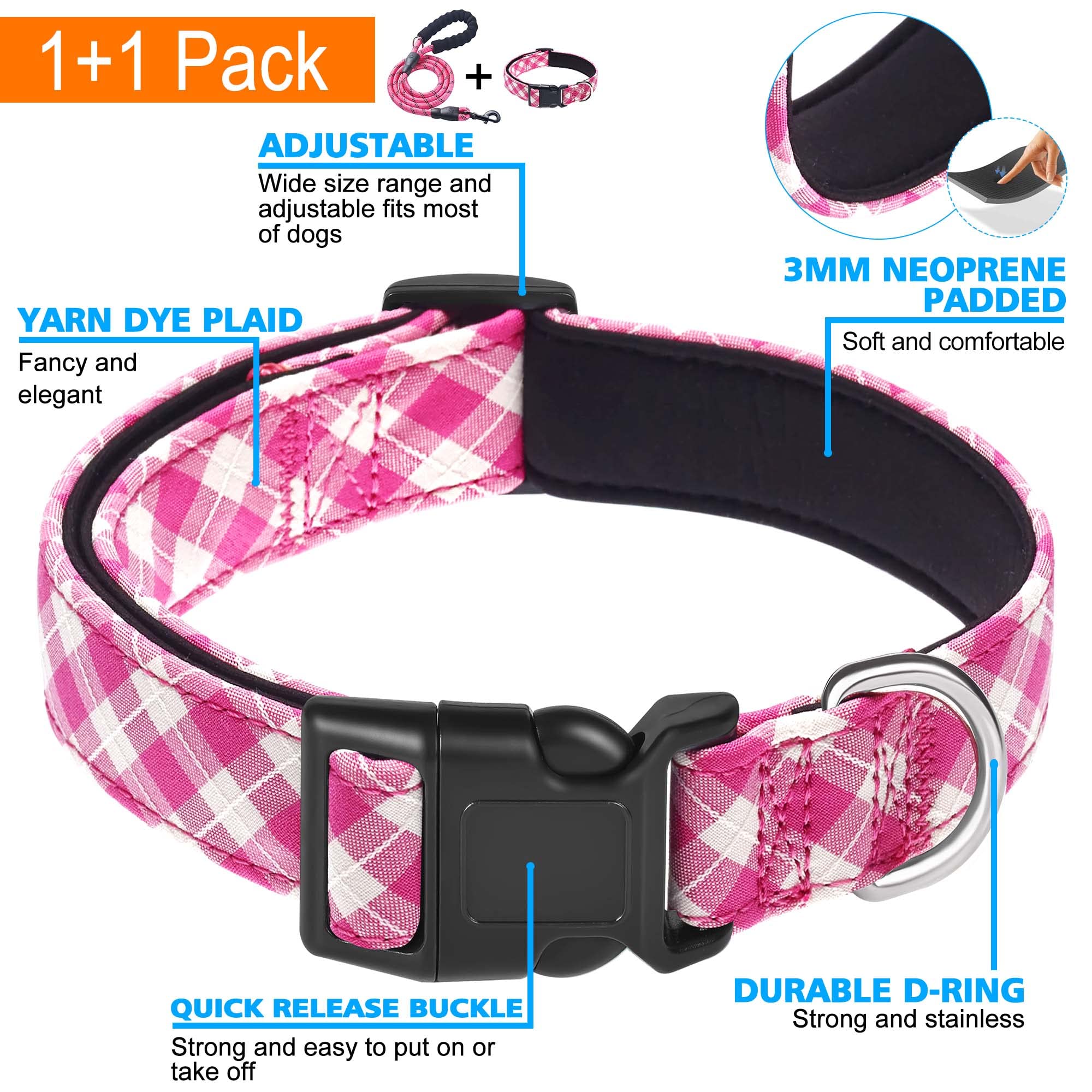 Reflective Dog Collar Padded with Soft Neoprene Breathable Adjustable Nylon Dog Collars for Small Medium Large Dogs (Medium (Pack of 1), Vivid Blue Collar+Leash)