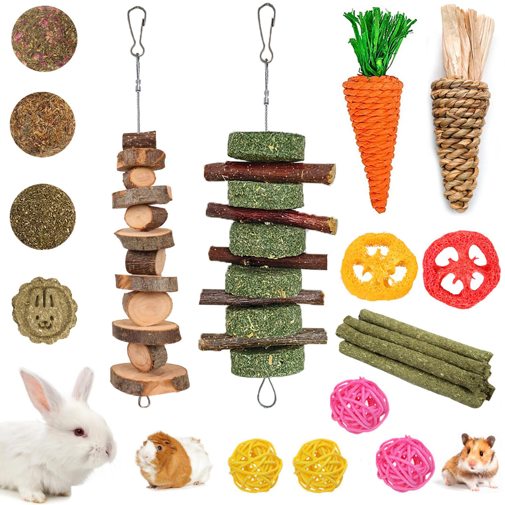20 PCS Bunny Chew Toys for Teeth, Natural Rabbit Toys Apple Wood Grass Timothy Sticks Chew and Treat for Guinea Pigs Hamster Chinchillas