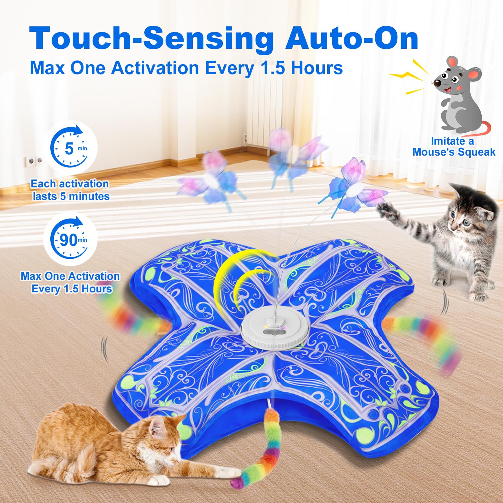Interactive Cat Toys for Indoor Cats,[Newly Upgraded] Long Battery Life Rechargeable Touch Activated Hide and Seek Kitten Toys for Bored Indoor Adult Cats with Fluttering