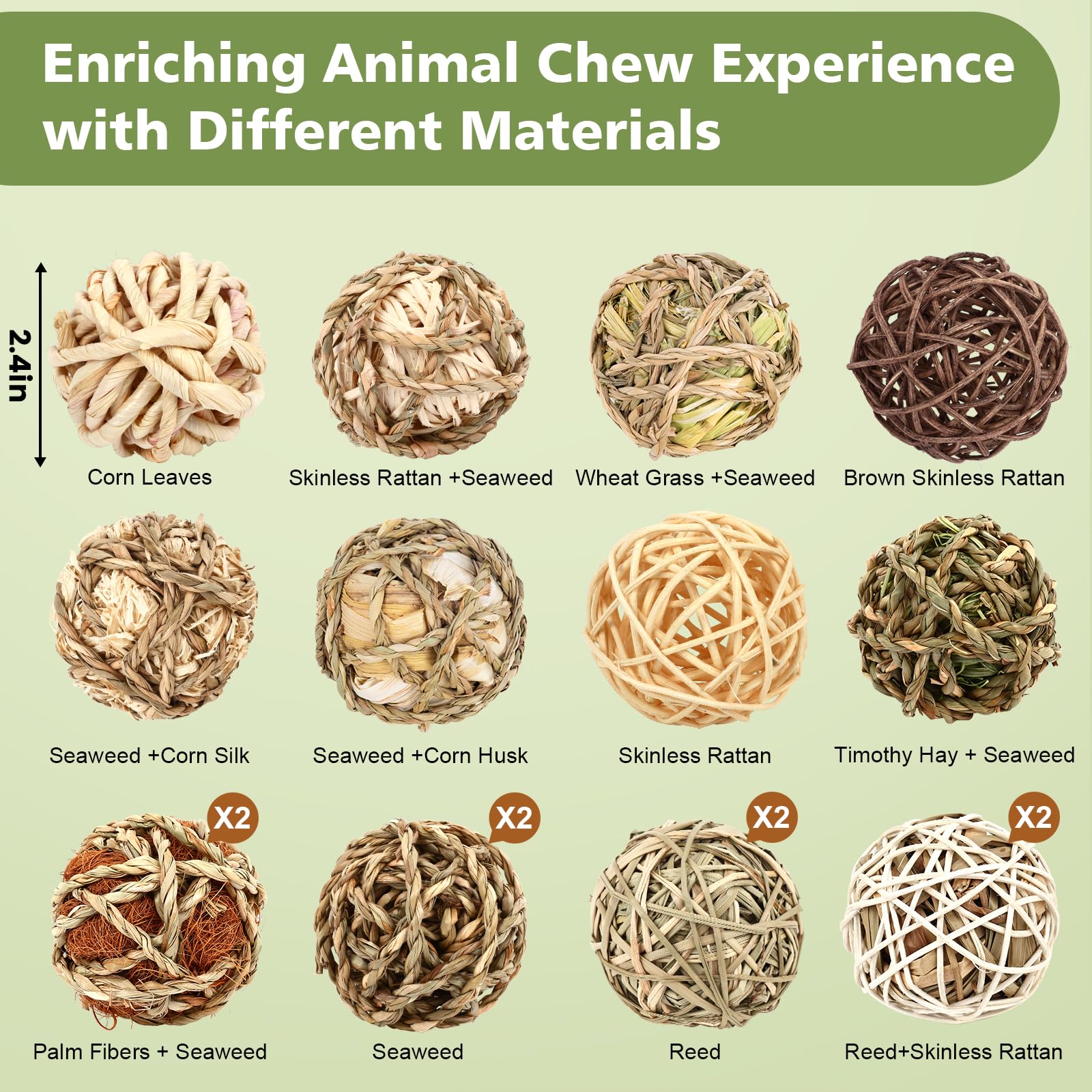 Bunny Chew Grass Balls, (8 Pcs) Rolling Chew Toys for Small Animals, Natural Chew Grass Toys and Bunny Treats for Rabbits, Guinea Pigs, Chinchillas, Hamsters, Mice Teeth Grinding