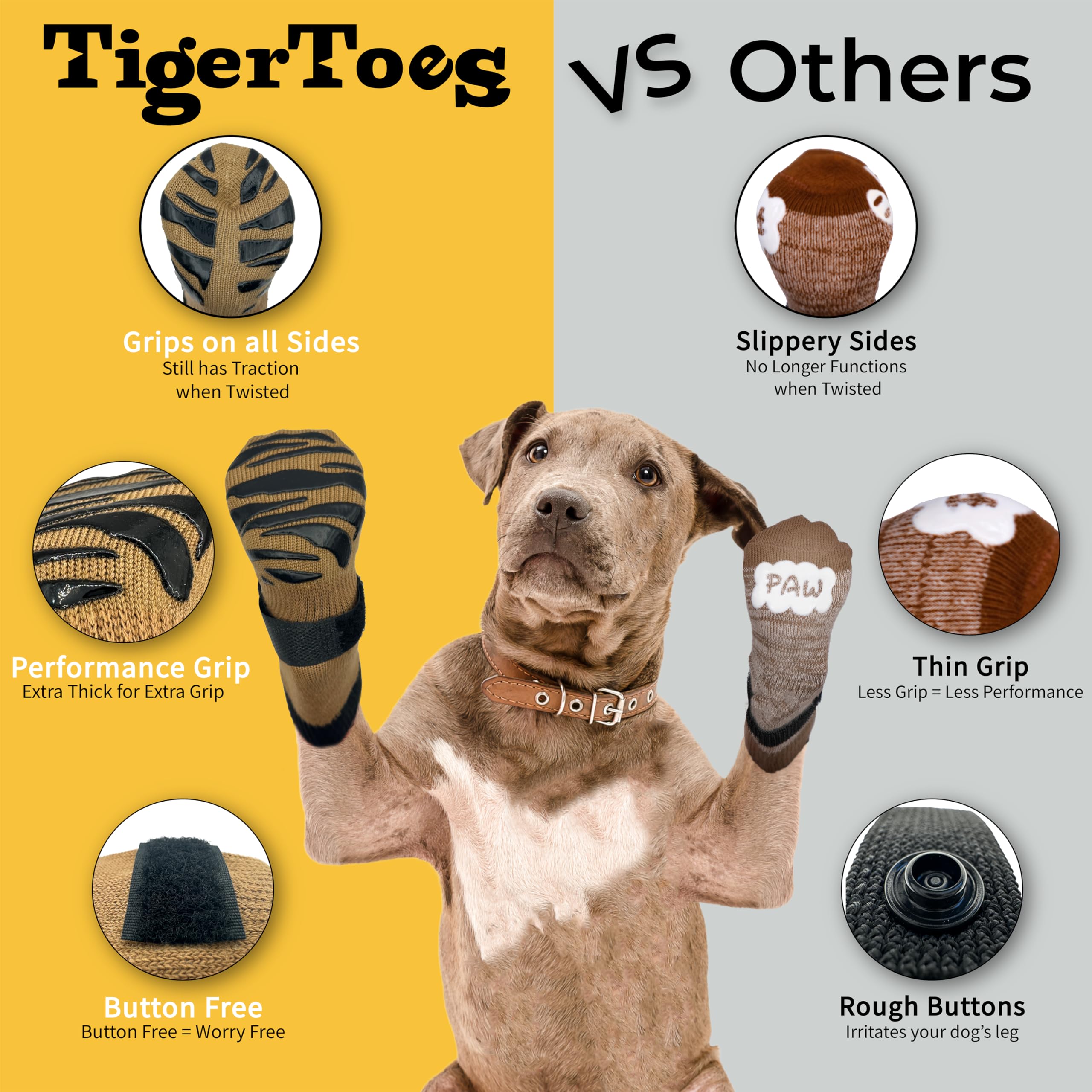 TigerToes Premium Non-Slip Dog Socks for Hardwood Floors - Extra-Thick Grip That Works Even When Twisted - Prevents Licking, Slipping, and Great for Dog Paw Protection