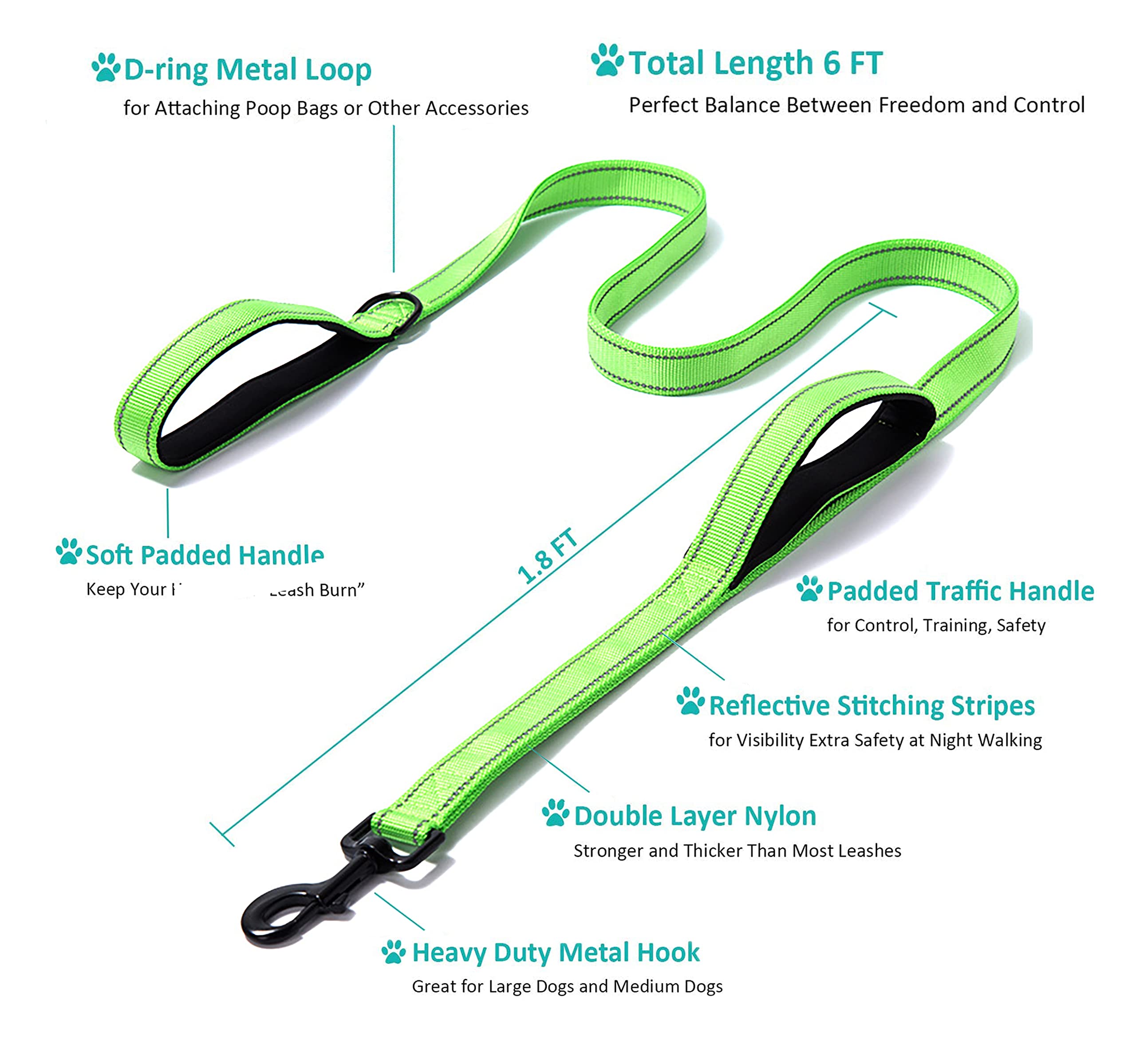 Heavy Duty Dog Leash - 2 Handles by Padded Traffic Handle for Extra Control, 6foot Long - Perfect for Medium to Large Dogs