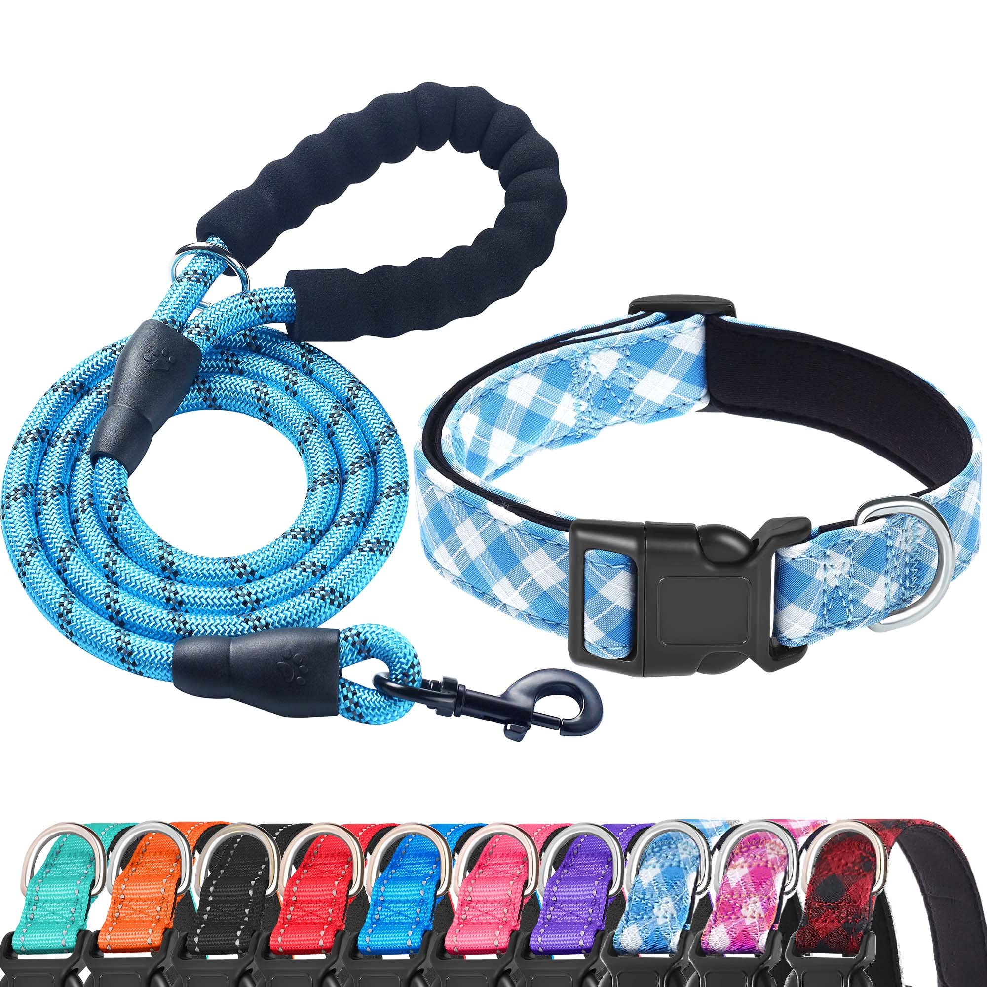 Reflective Dog Collar Padded with Soft Neoprene Breathable Adjustable Nylon Dog Collars for Small Medium Large Dogs (Medium (Pack of 1), Vivid Blue Collar+Leash)