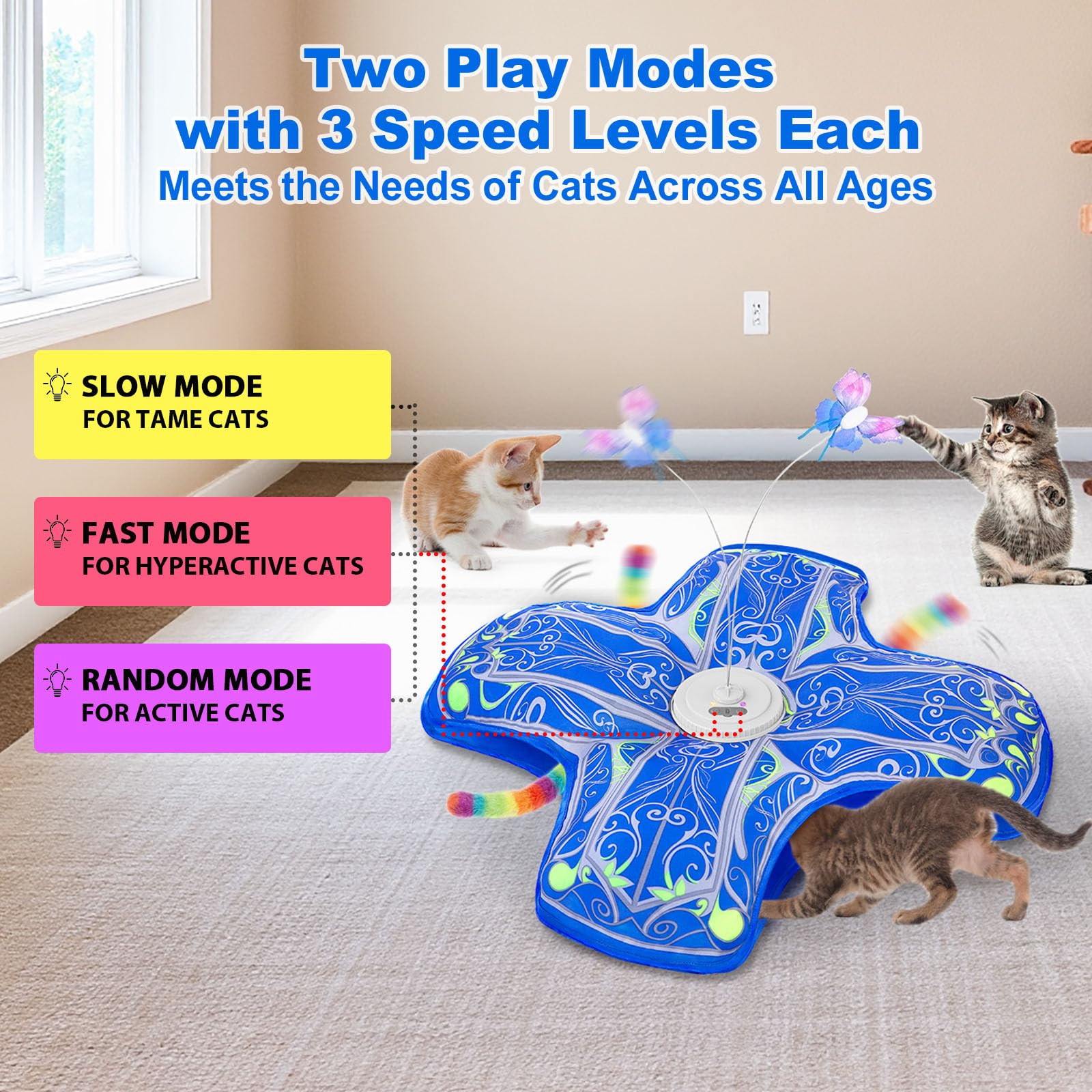 Interactive Cat Toys for Indoor Cats,[Newly Upgraded] Long Battery Life Rechargeable Touch Activated Hide and Seek Kitten Toys for Bored Indoor Adult Cats with Fluttering