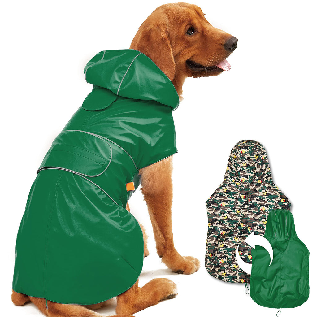 Dog Raincoat Reversible, Single Side Slicker Poncho Adjustable Waterproof Dog Rain Jacket with Leash Hole/Reflective Stripe Hooded Snowproof Windproof Clothes.