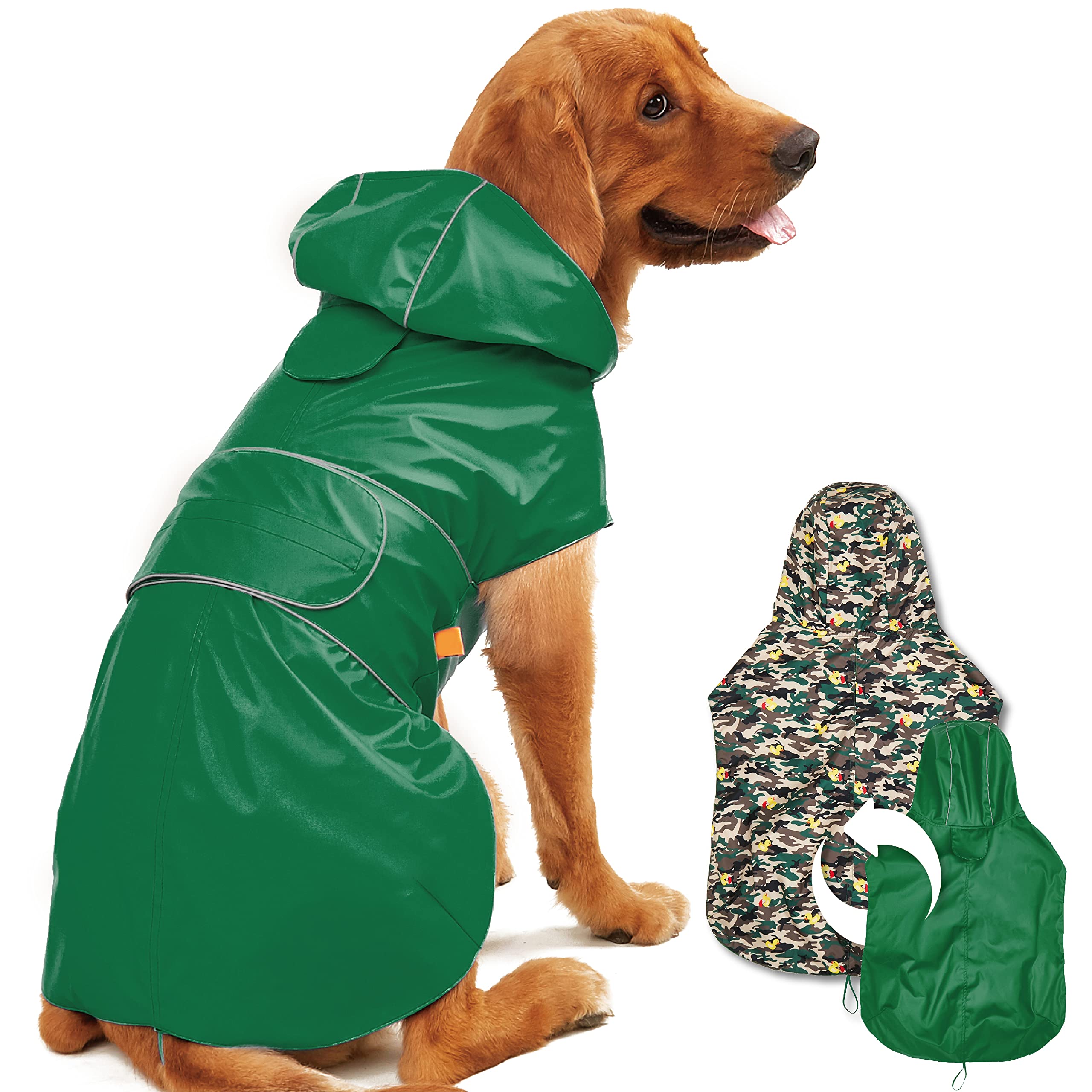 Dog Raincoat Reversible, Single Side Slicker Poncho Adjustable Waterproof Dog Rain Jacket with Leash Hole/Reflective Stripe Hooded Snowproof Windproof Clothes.