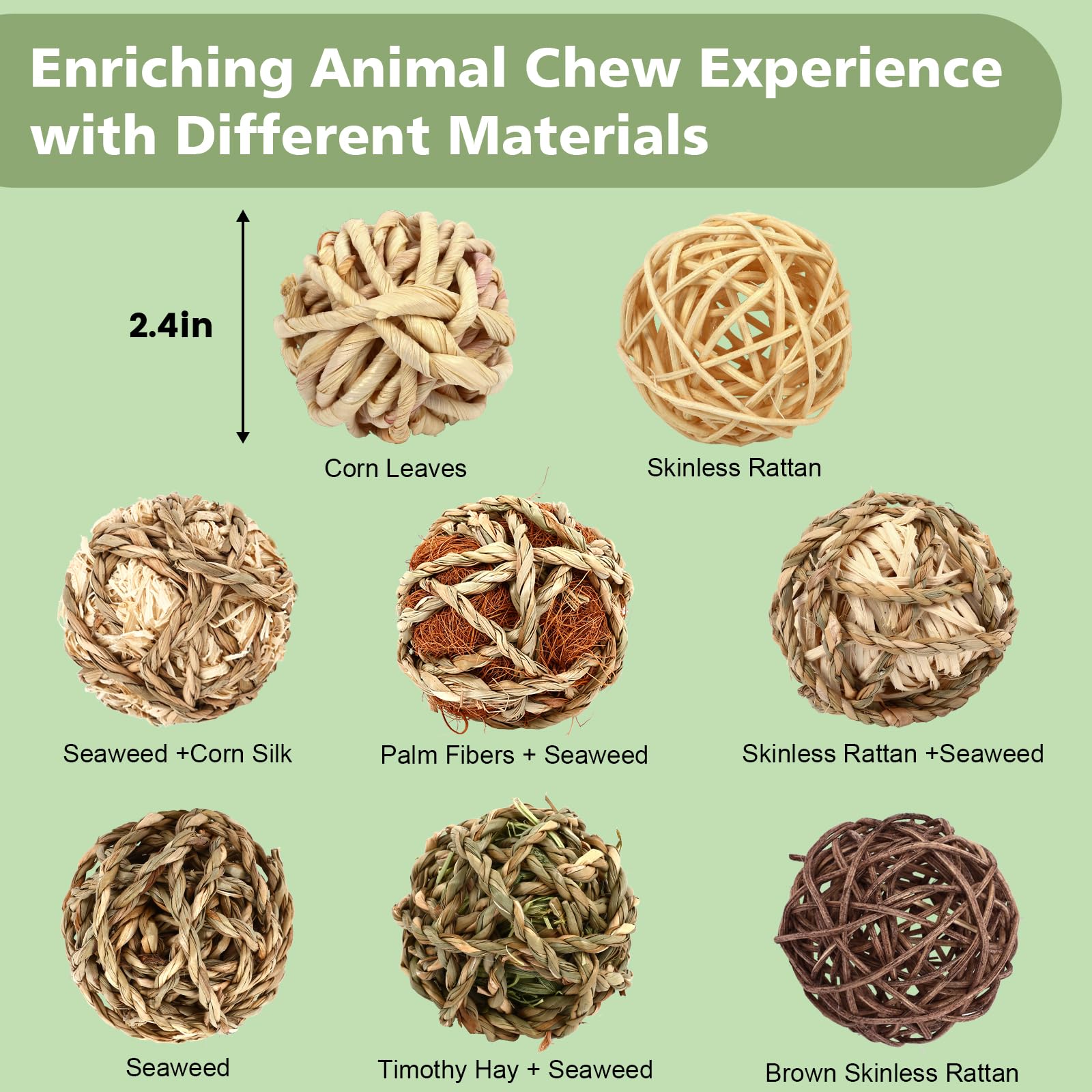 Bunny Chew Grass Balls, (8 Pcs) Rolling Chew Toys for Small Animals, Natural Chew Grass Toys and Bunny Treats for Rabbits, Guinea Pigs, Chinchillas, Hamsters, Mice Teeth Grinding