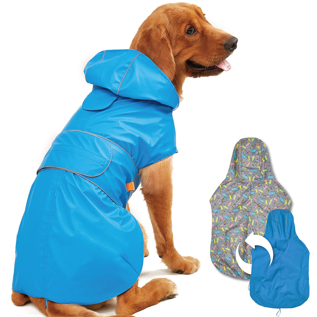 Dog Raincoat Reversible, Single Side Slicker Poncho Adjustable Waterproof Dog Rain Jacket with Leash Hole/Reflective Stripe Hooded Snowproof Windproof Clothes.