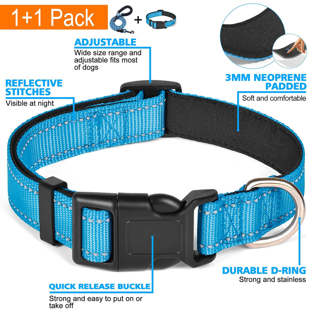 Reflective Dog Collar Padded with Soft Neoprene Breathable Adjustable Nylon Dog Collars for Small Medium Large Dogs (Medium (Pack of 1), Vivid Blue Collar+Leash)