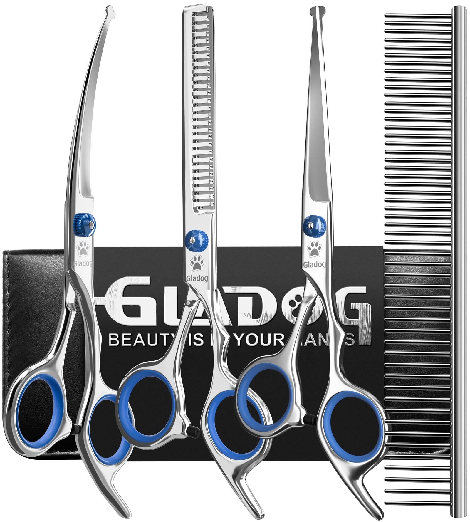 Professional 5 in 1 Dog Grooming Scissors Set with Safety Round Tips, Sharp and Heavy-duty Pet Grooming Shears for Cats
