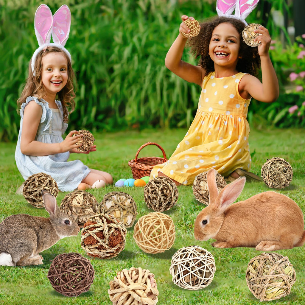 Bunny Chew Grass Balls, (8 Pcs) Rolling Chew Toys for Small Animals, Natural Chew Grass Toys and Bunny Treats for Rabbits, Guinea Pigs, Chinchillas, Hamsters, Mice Teeth Grinding